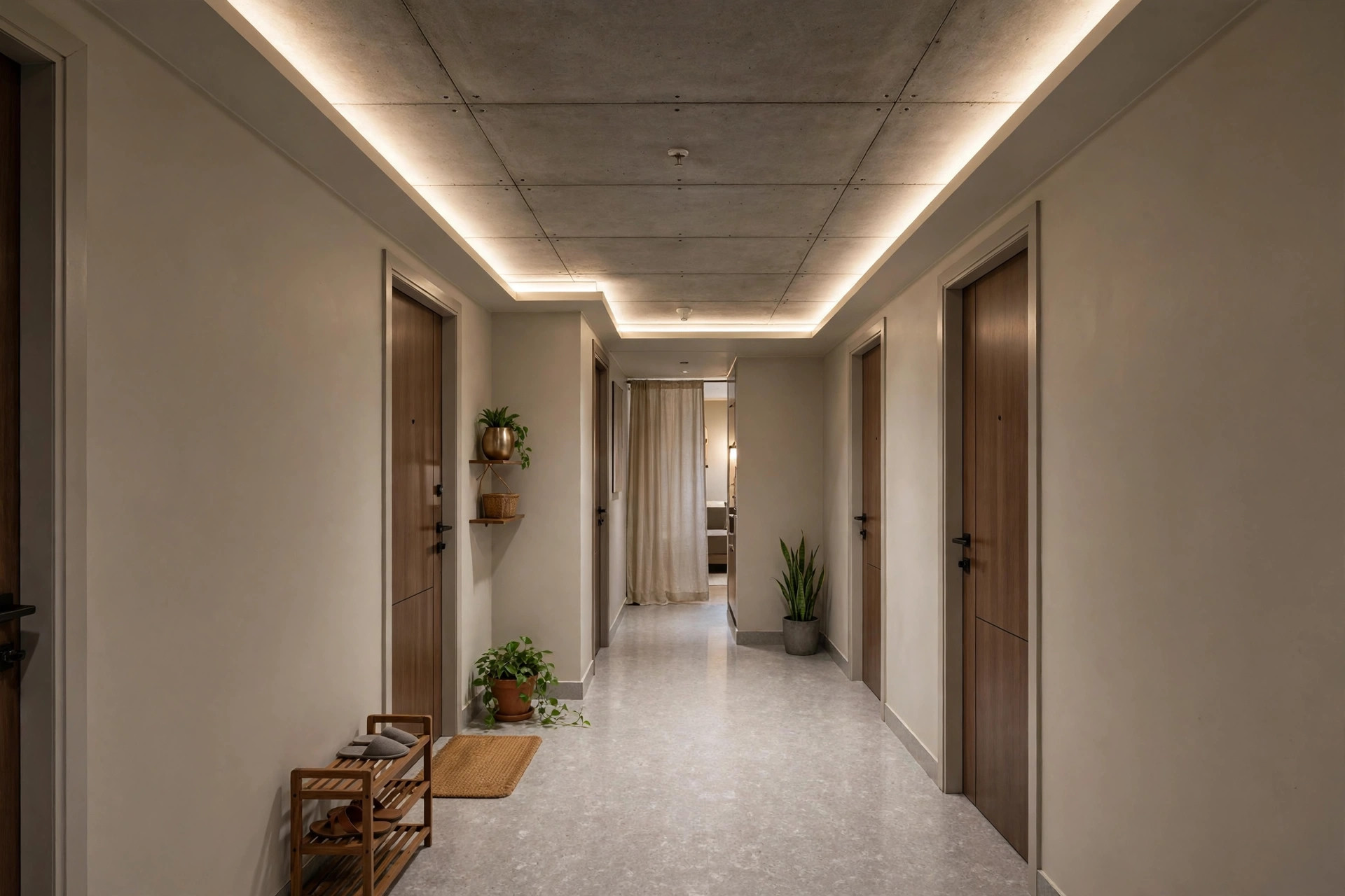 Apartment corridor with fire-resistant cement board ceiling panels and LED strip lighting