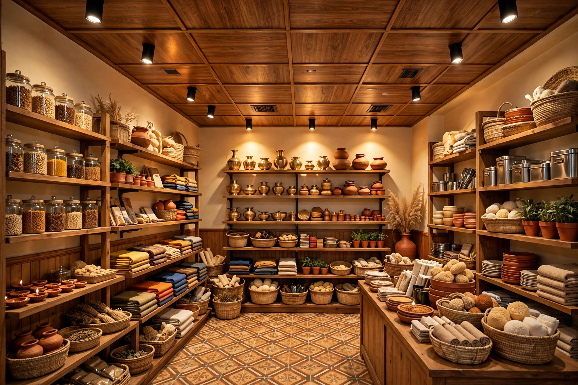 Small retail shop interior with decorative laminate finish ceiling panels and spotlights