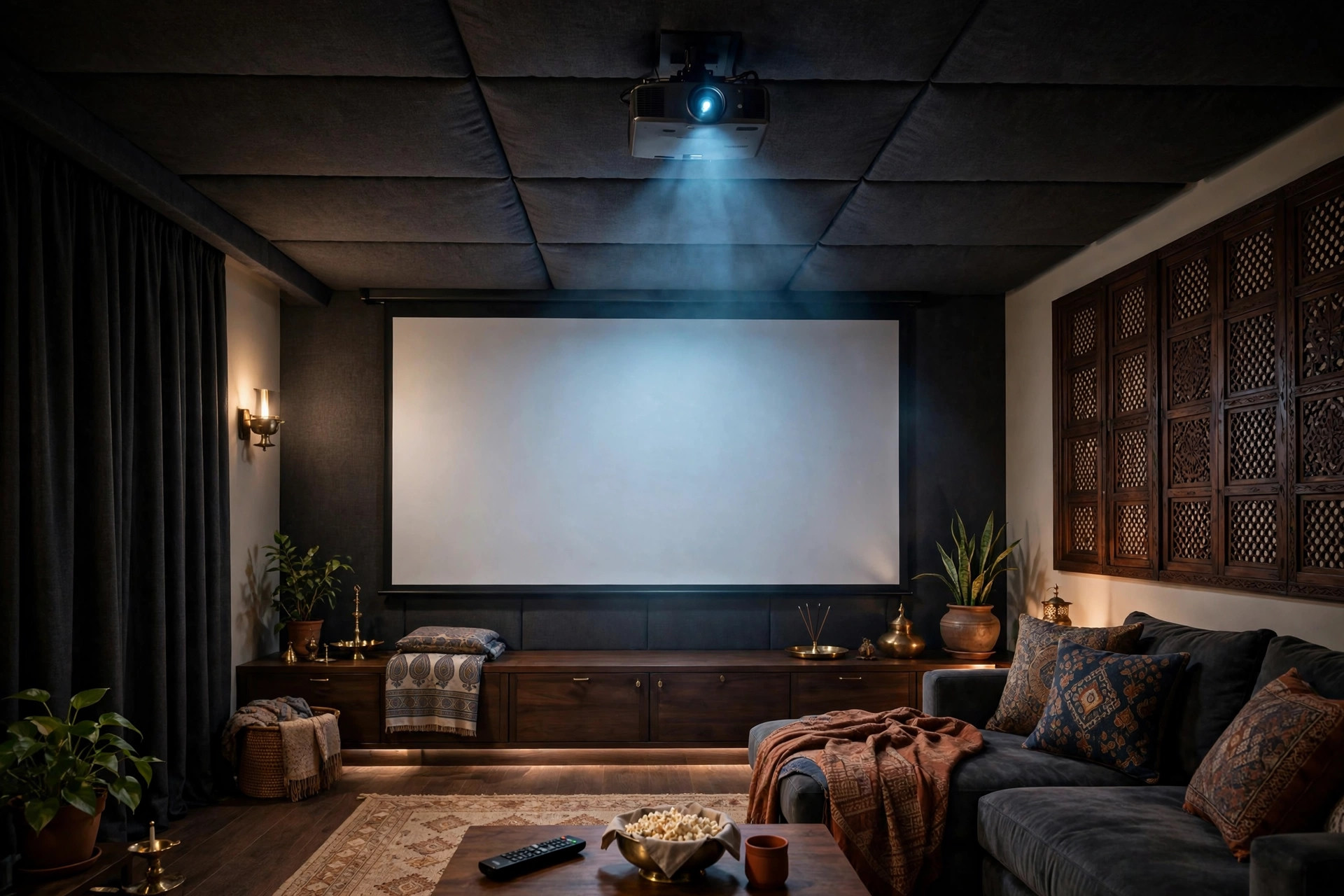 Home theatre room with dark fabric-wrapped acoustic ceiling panels and projector glow