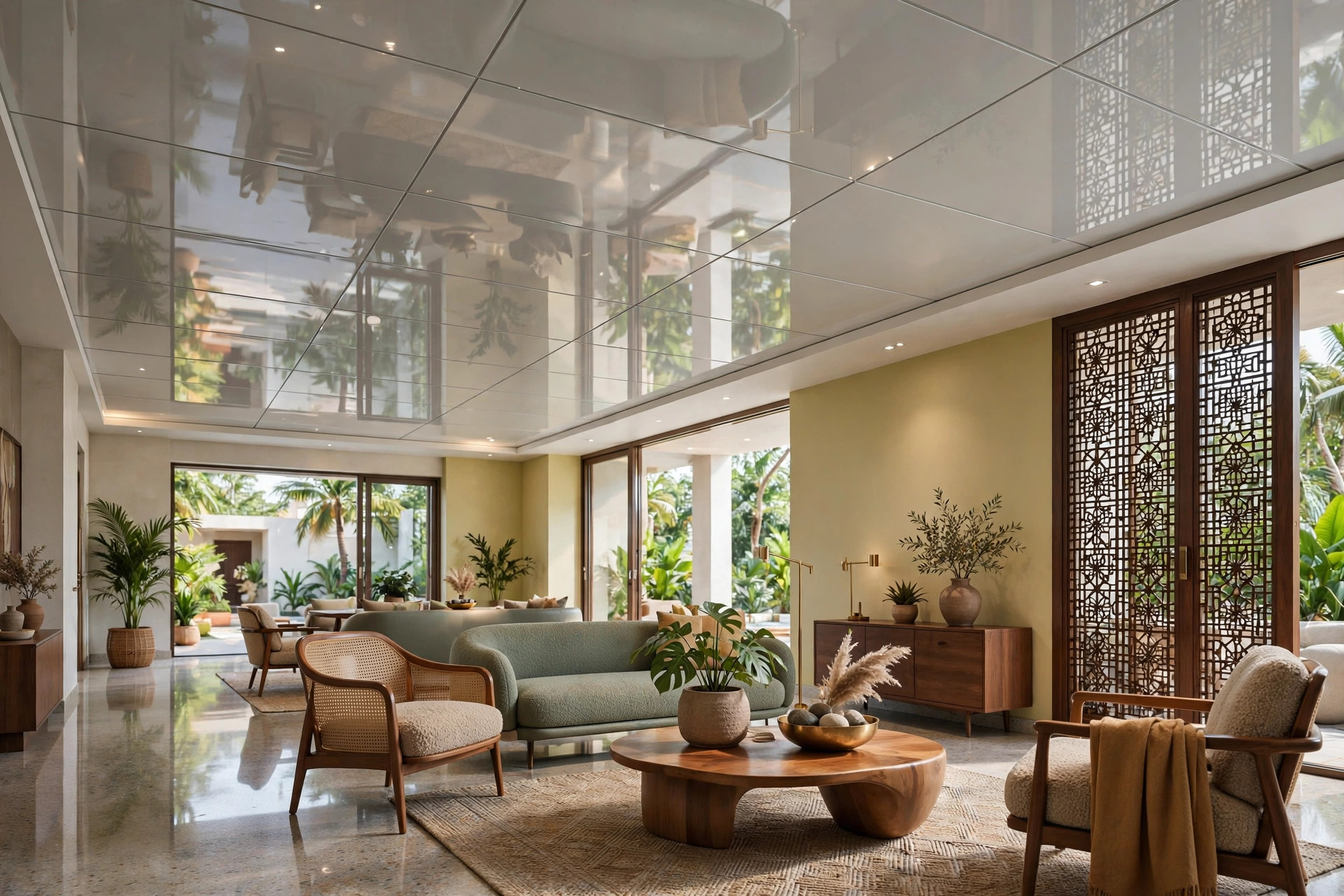 Modern hall with glossy glass-fibre composite ceiling panels and contemporary furniture