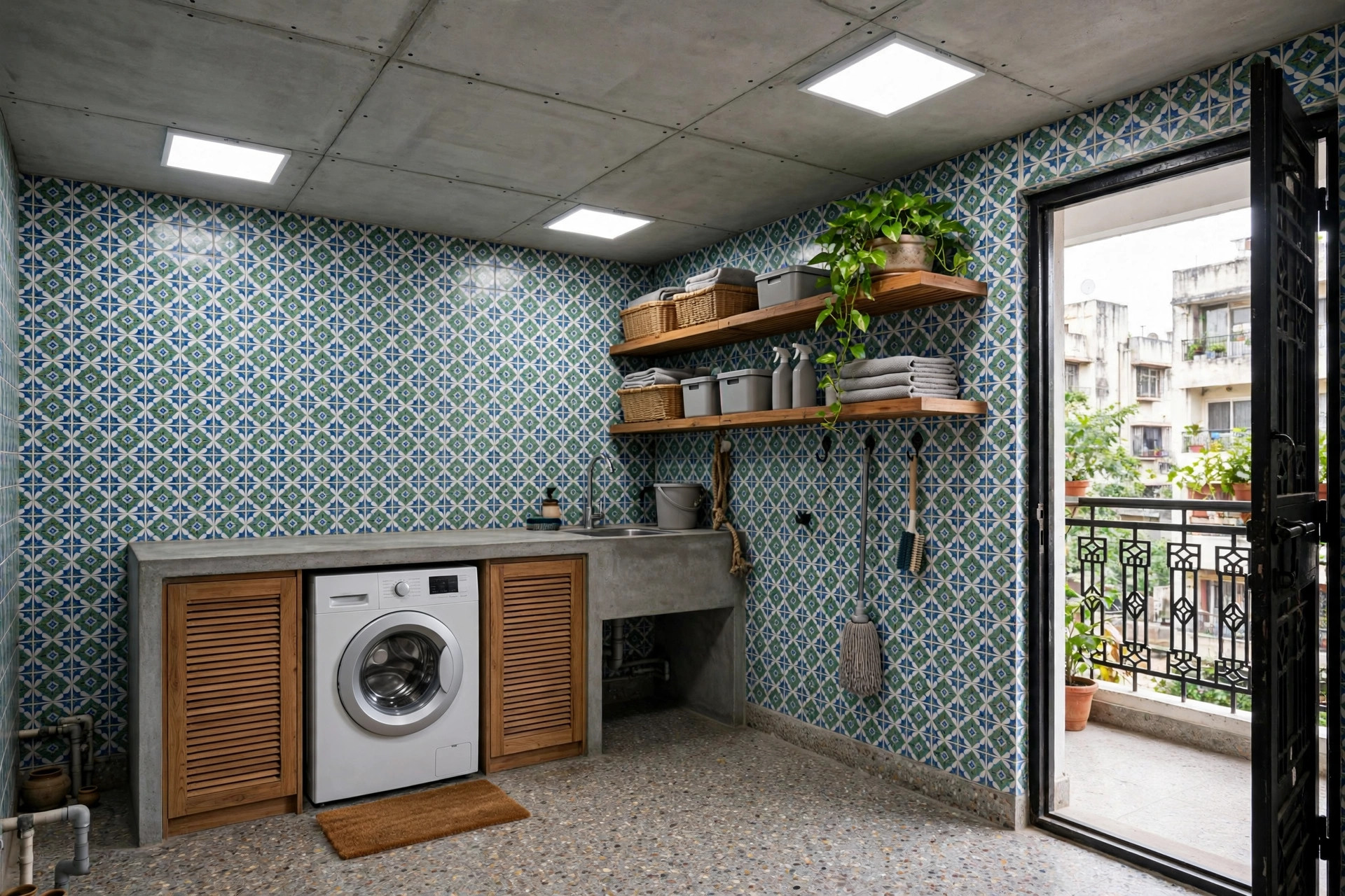 Laundry area with moisture-resistant cement board ceiling above a washing machine