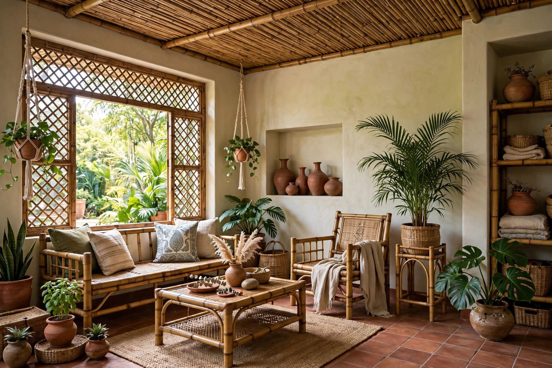 Eco-style Indian living room with bamboo slat ceiling, bamboo furniture and indoor plants