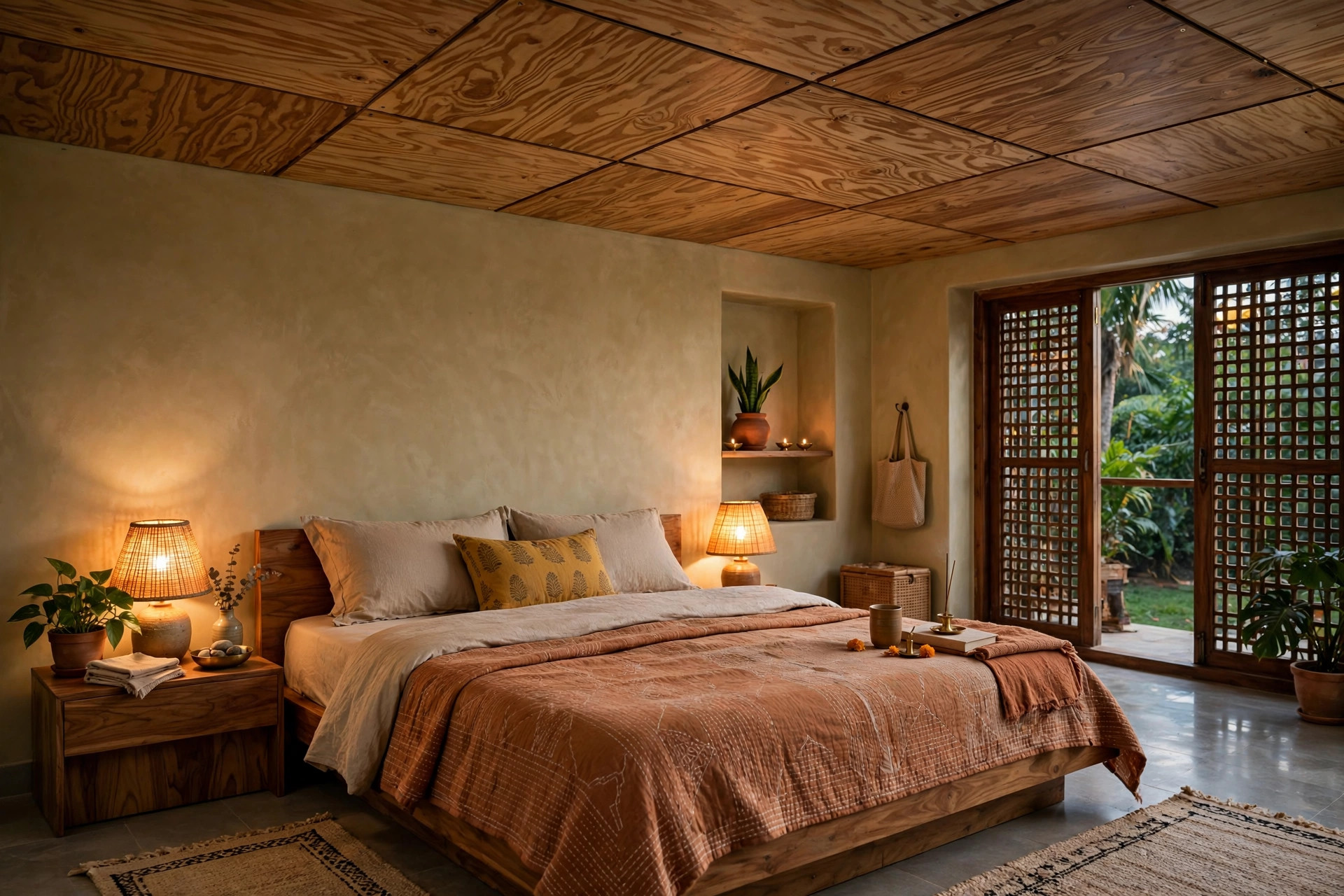 Indian bedroom with a plywood veneer panel false ceiling showing natural wood grain