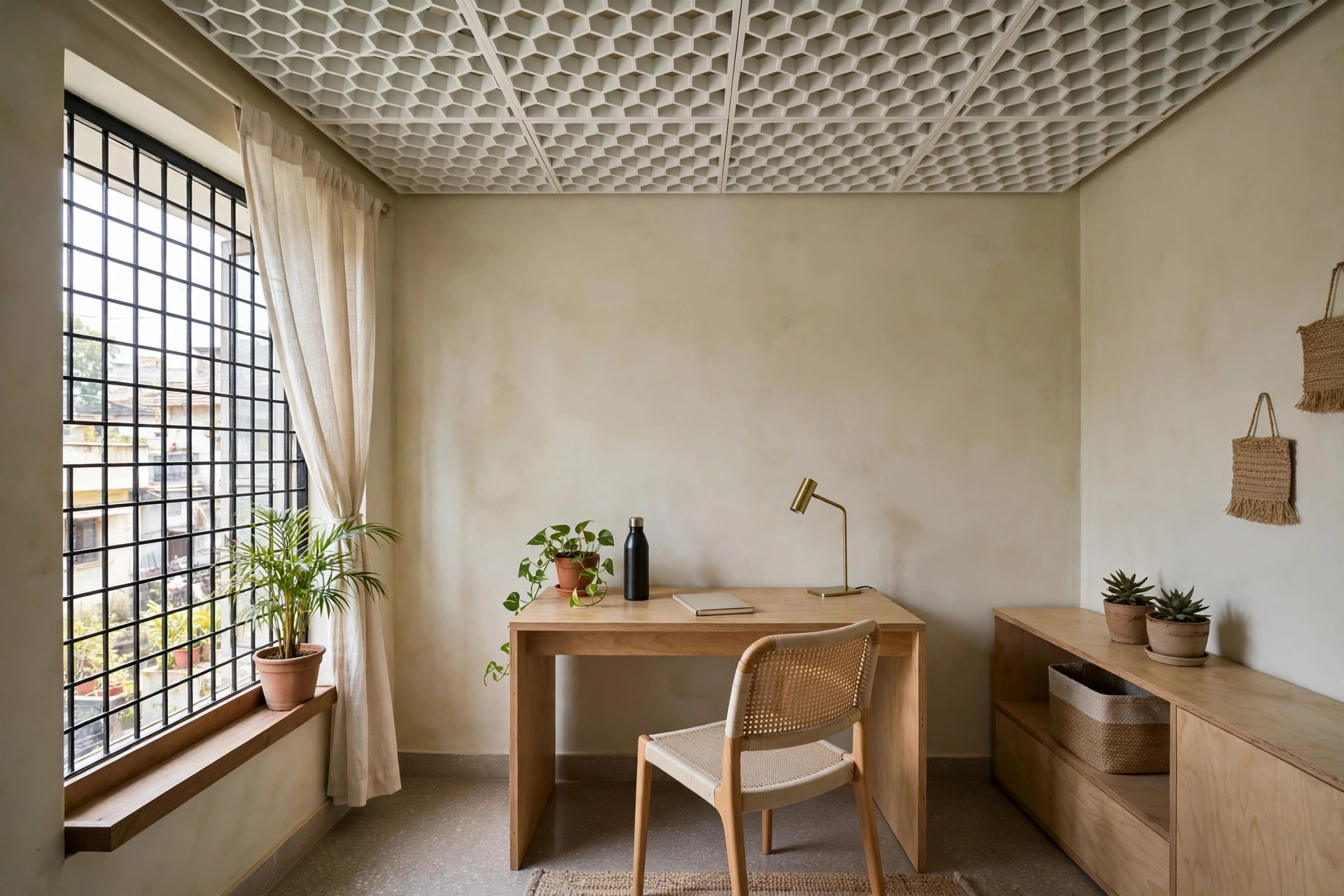 Small office cabin with lightweight honeycomb-core ceiling panels in a minimal finish