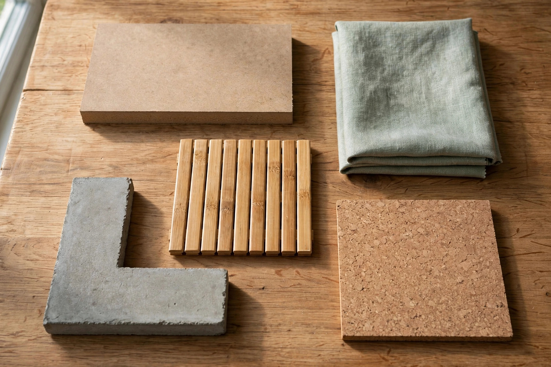 Flat-lay of ceiling material samples on a wooden table: MDF piece, fabric swatch, bamboo slat, cement board and cork tile