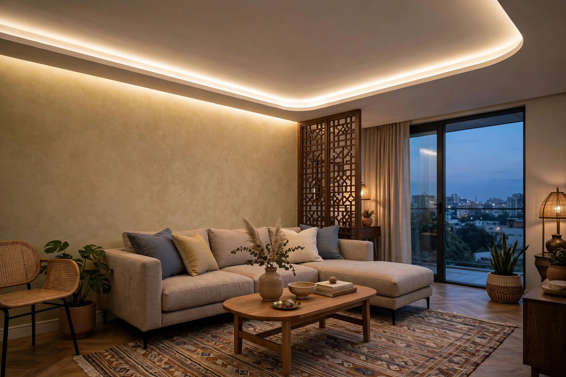 Concept render of a living room with warm perimeter cove lighting along a gypsum false ceiling