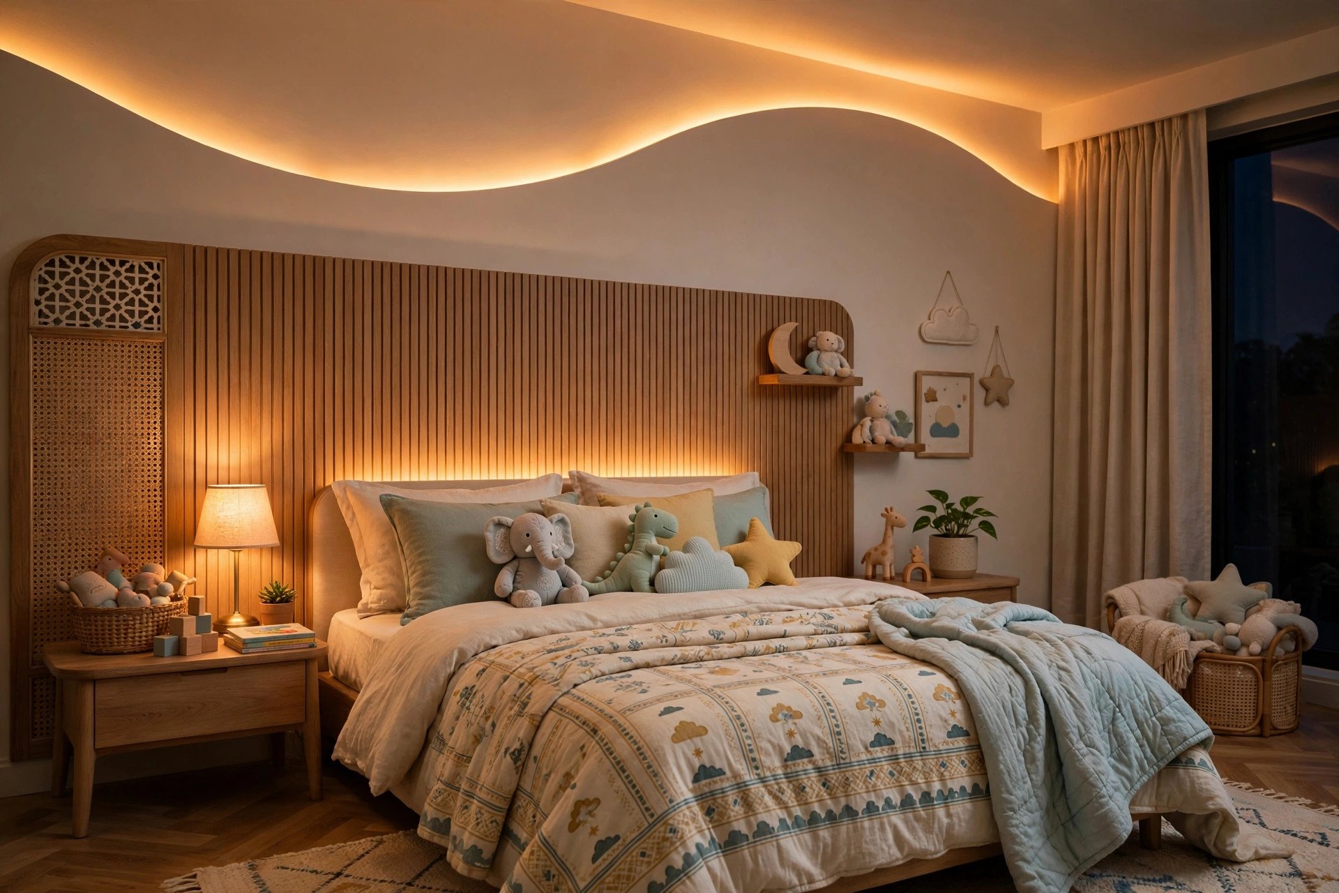 Concept render of a bedroom with a curved wave-shaped cove light glowing above the bed