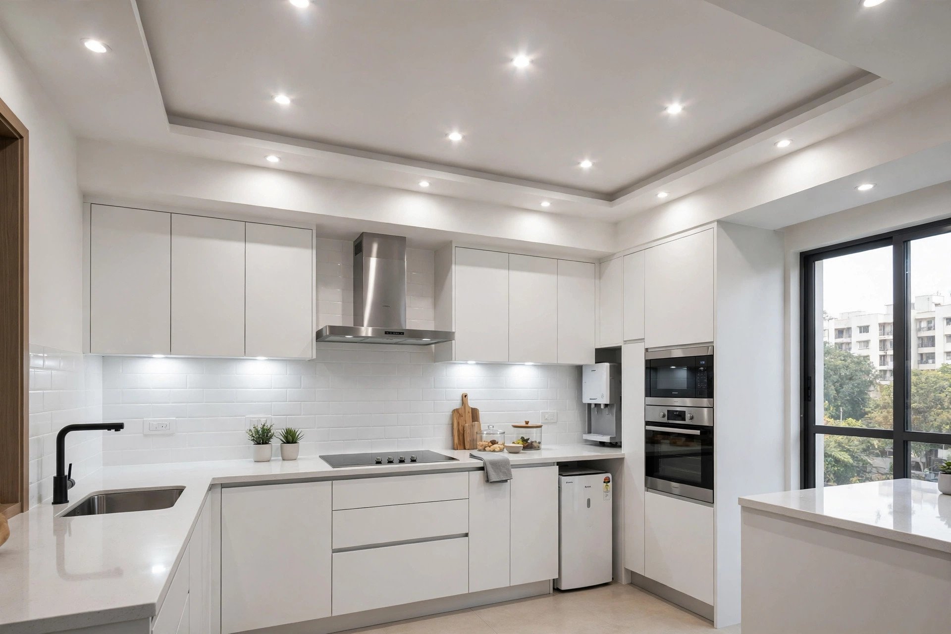 Concept render of a modular kitchen with bright recessed spotlights in a white false ceiling