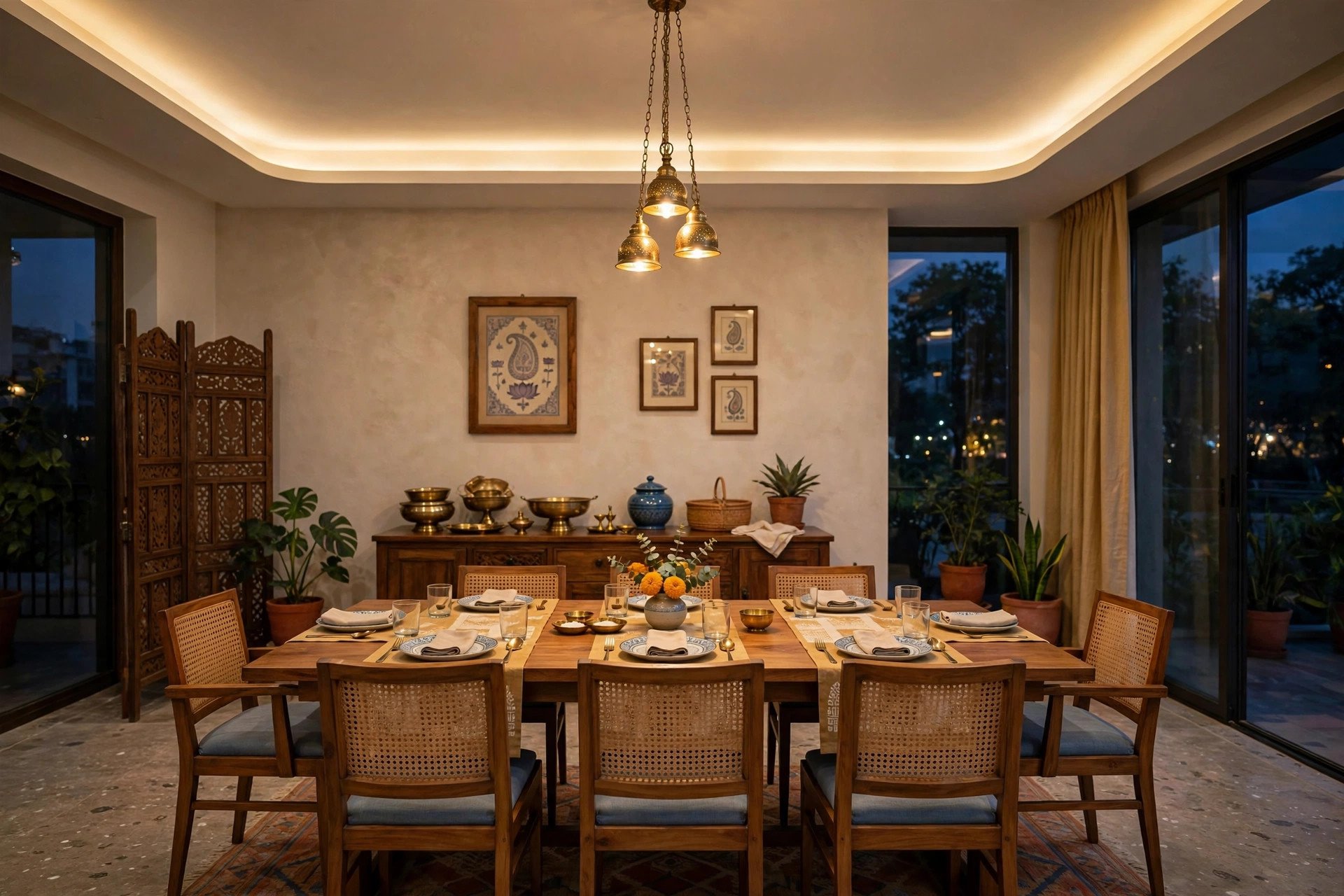 Concept render of three brass pendant lights hanging in a cluster over a wooden dining table