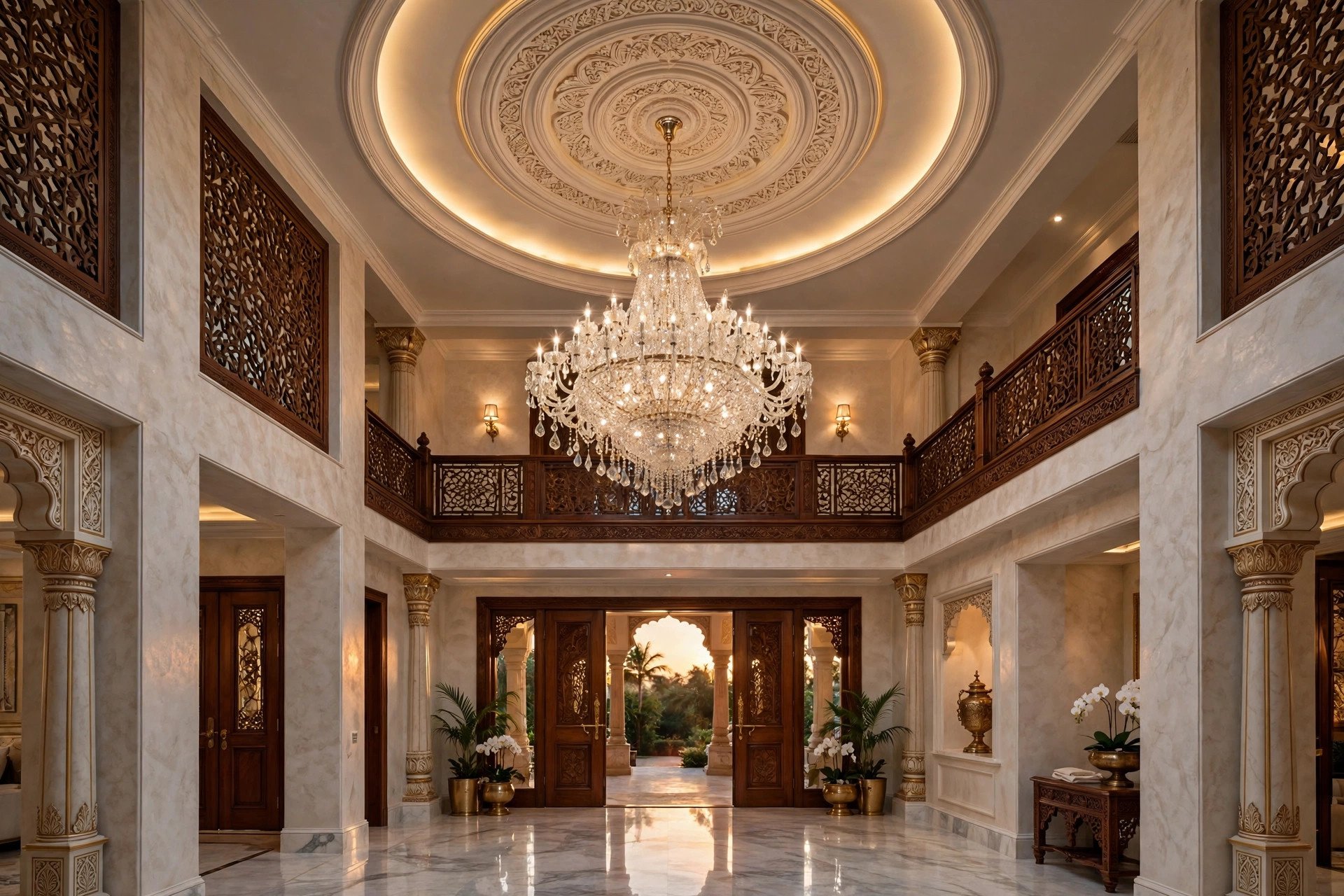 Concept render of a crystal chandelier hanging from a cove-lit ceiling medallion in a grand foyer