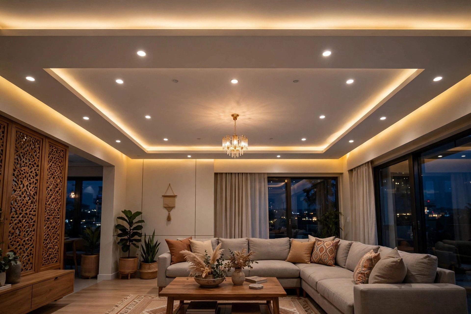 Concept render of a living room with layered ceiling lighting combining cove glow, downlights and a small chandelier