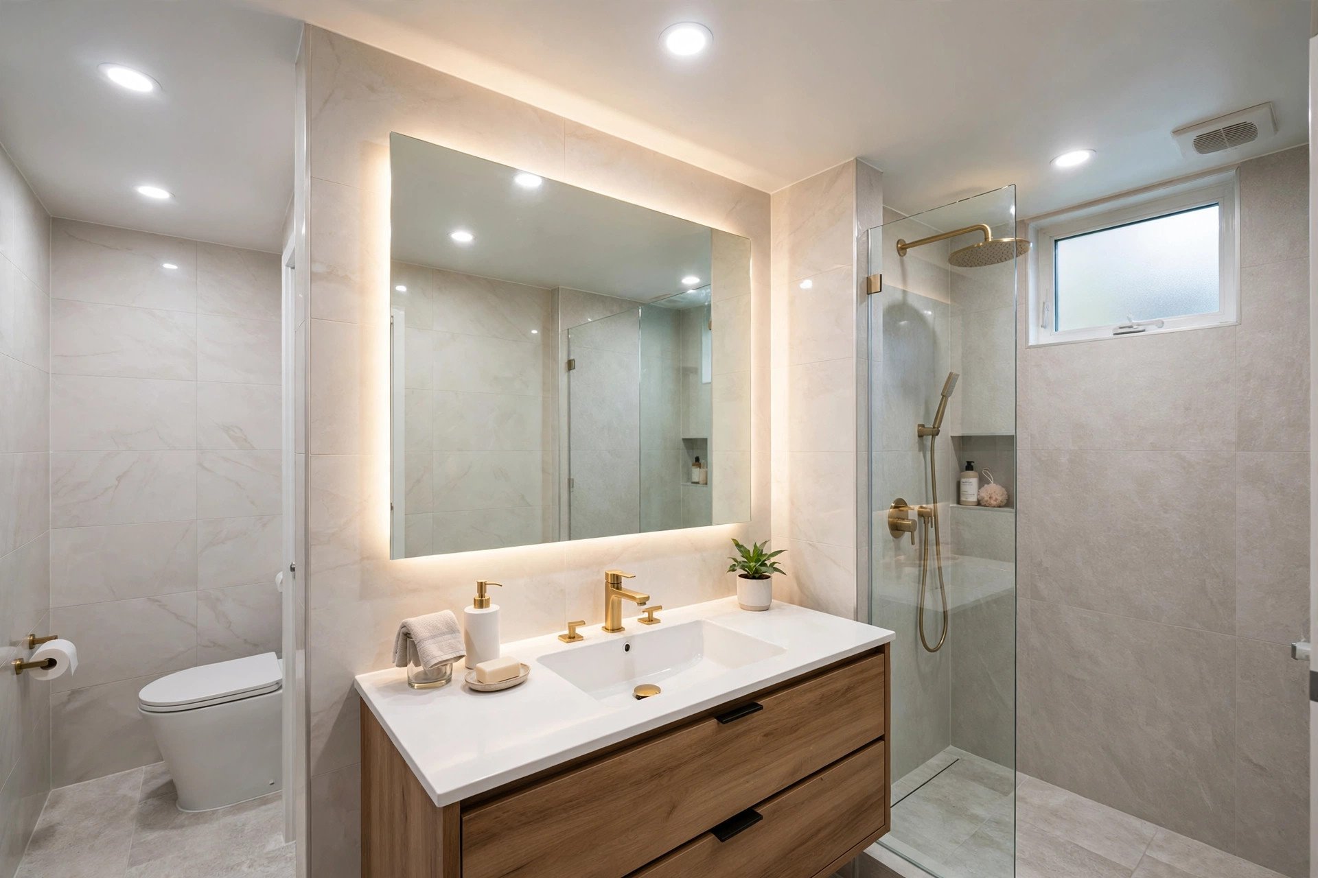 Concept render of a bathroom with recessed downlights and soft mirror lighting