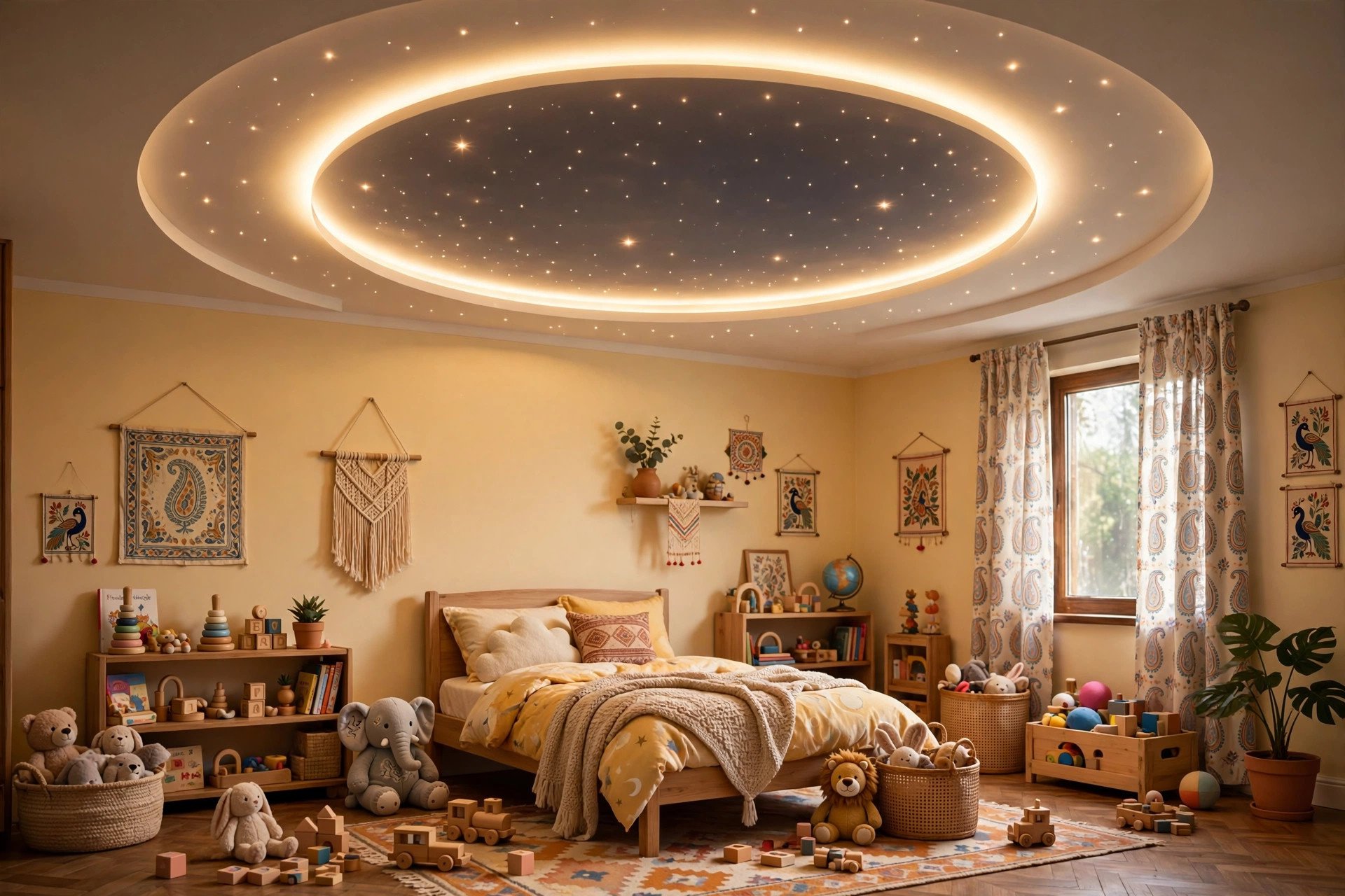 Concept render of a kids bedroom with a moon-shaped glowing ring cove light in the ceiling