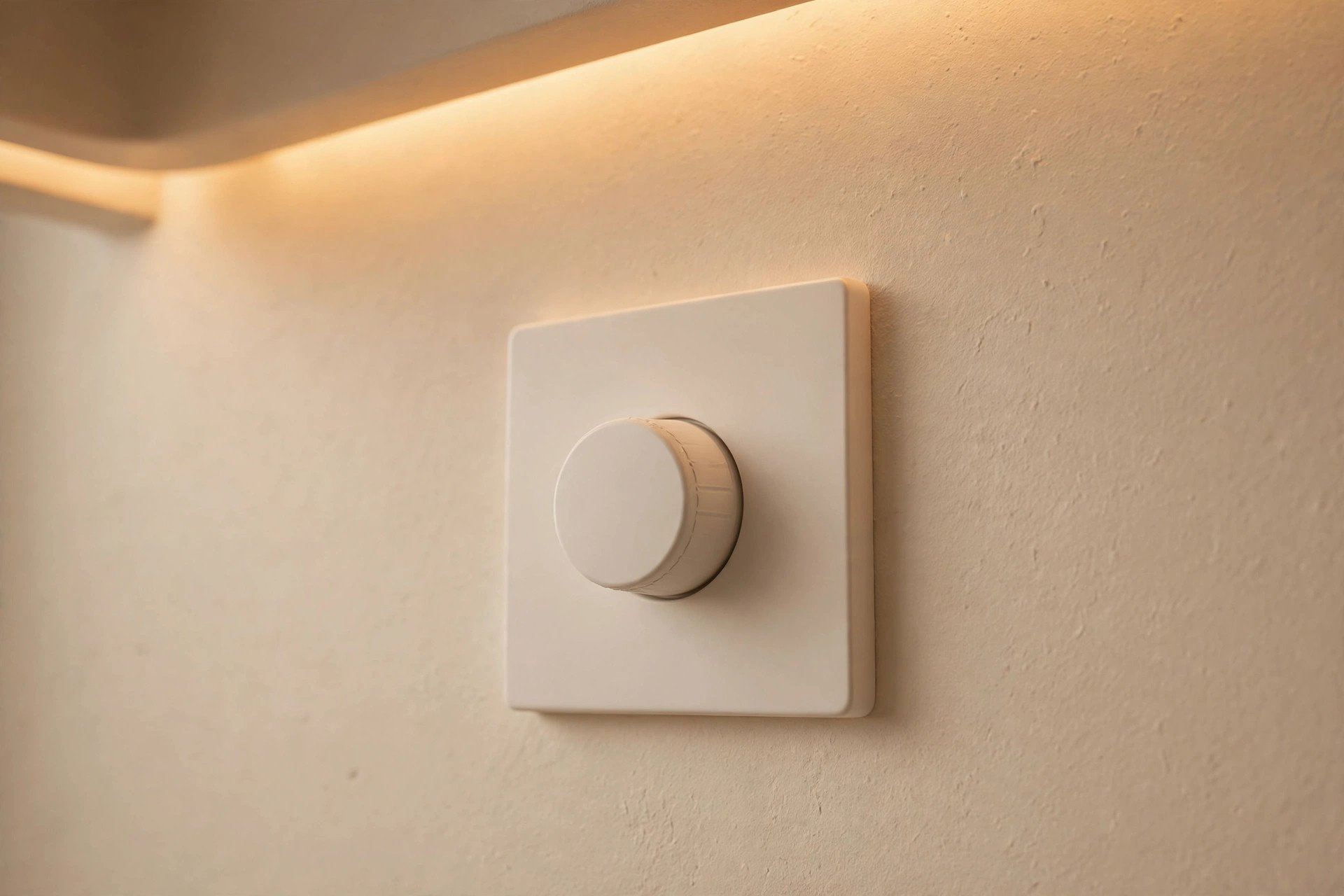 Concept render of a wall-mounted dimmer switch beside a softly lit wall