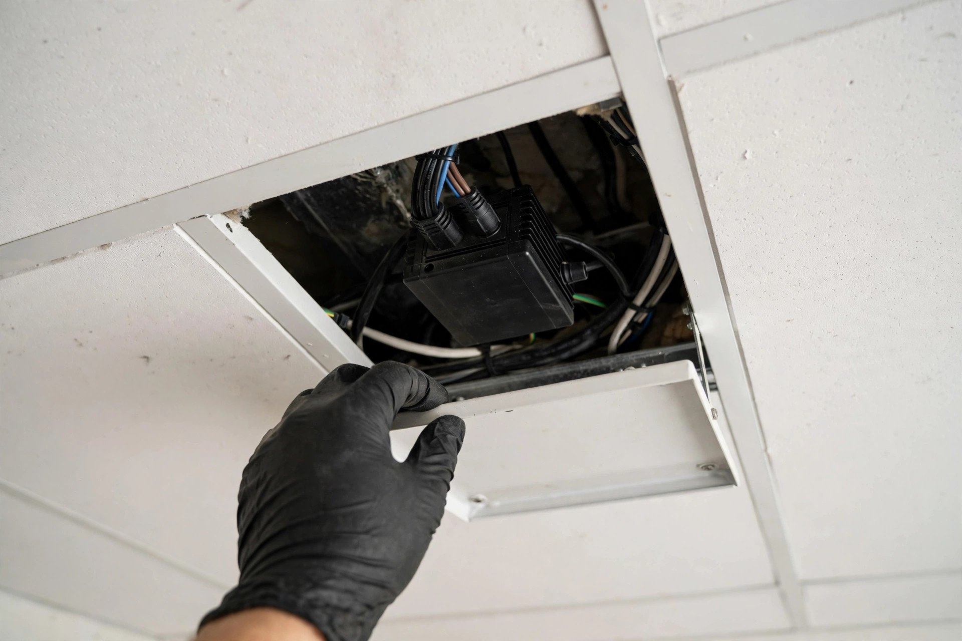Concept render of a maintenance access hatch in a false ceiling showing the LED driver box inside the cavity