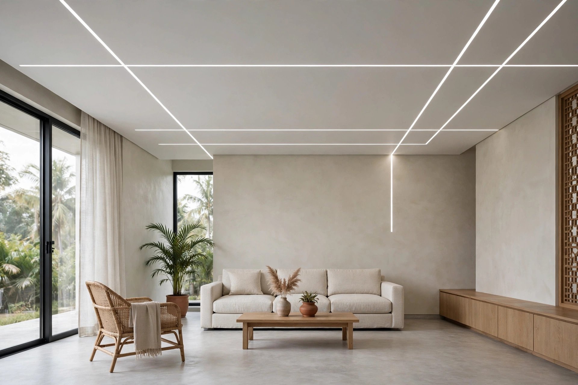 Concept render of a minimal living room with slim linear LED profiles in the ceiling instead of cove lighting