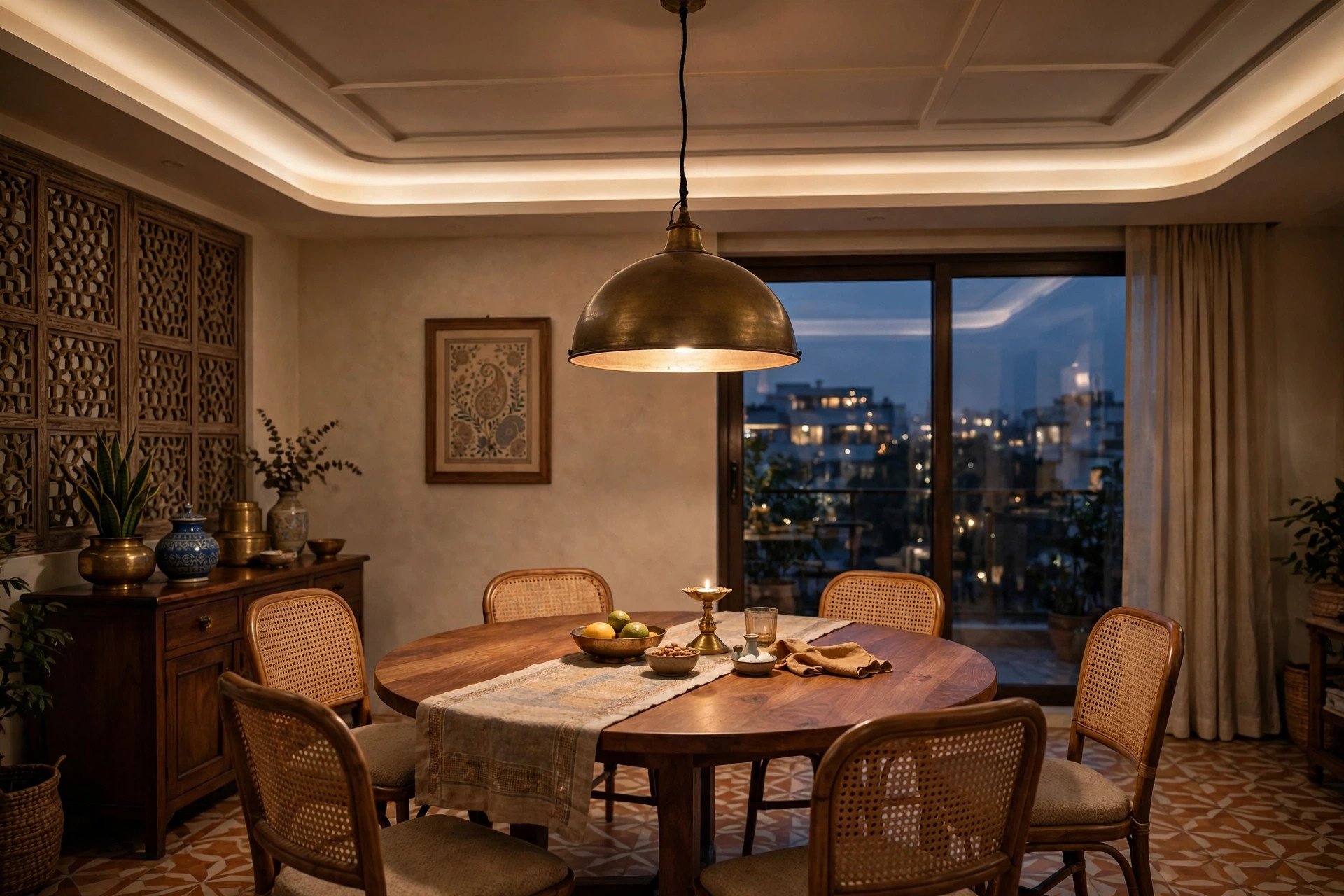 Concept render of a single dome pendant light hanging over a round dining table
