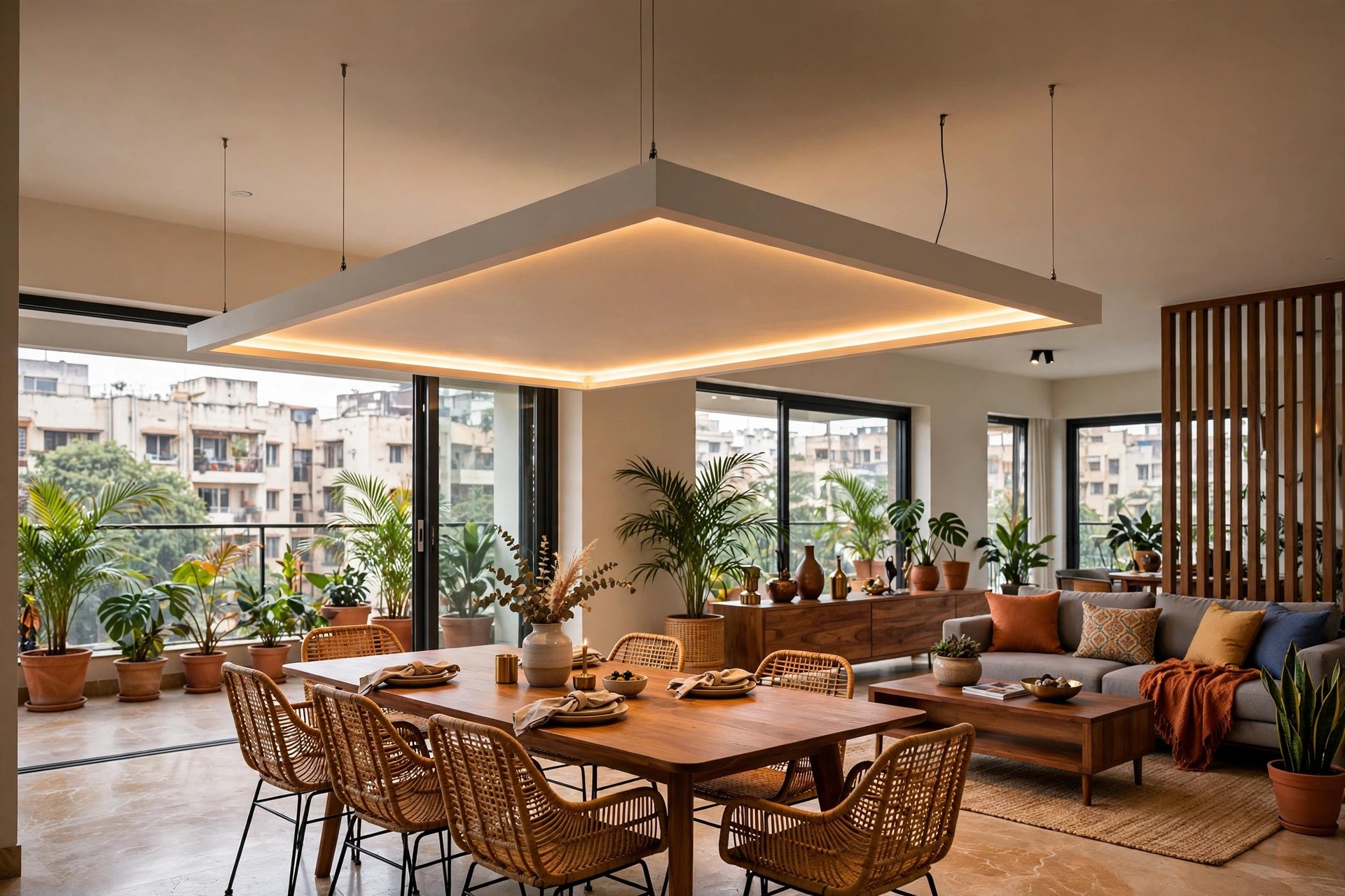 Concept render of an open-plan apartment with a floating false ceiling island and cove lighting above the dining area