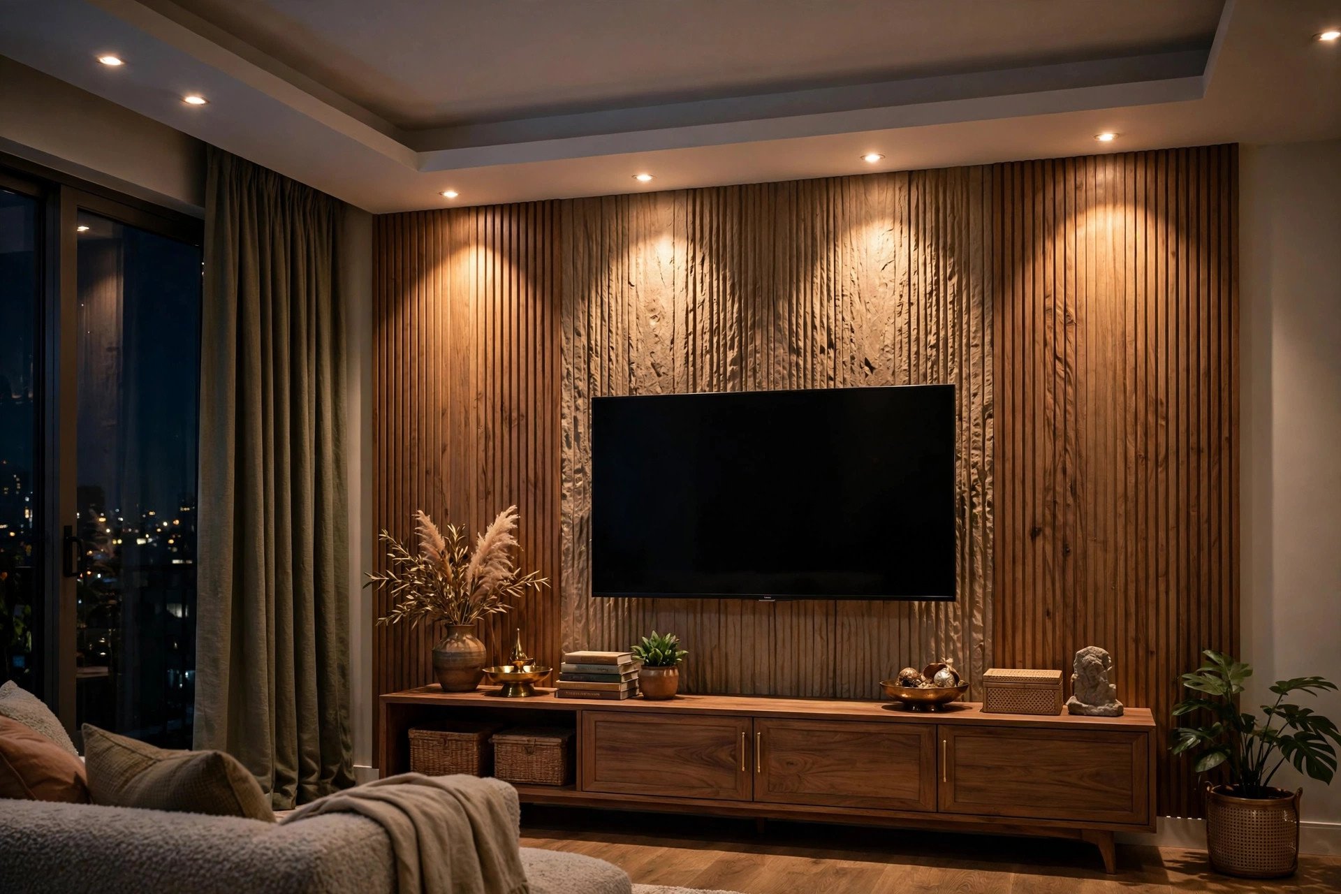 Concept render of a TV wall with warm accent spotlights washing down from the false ceiling