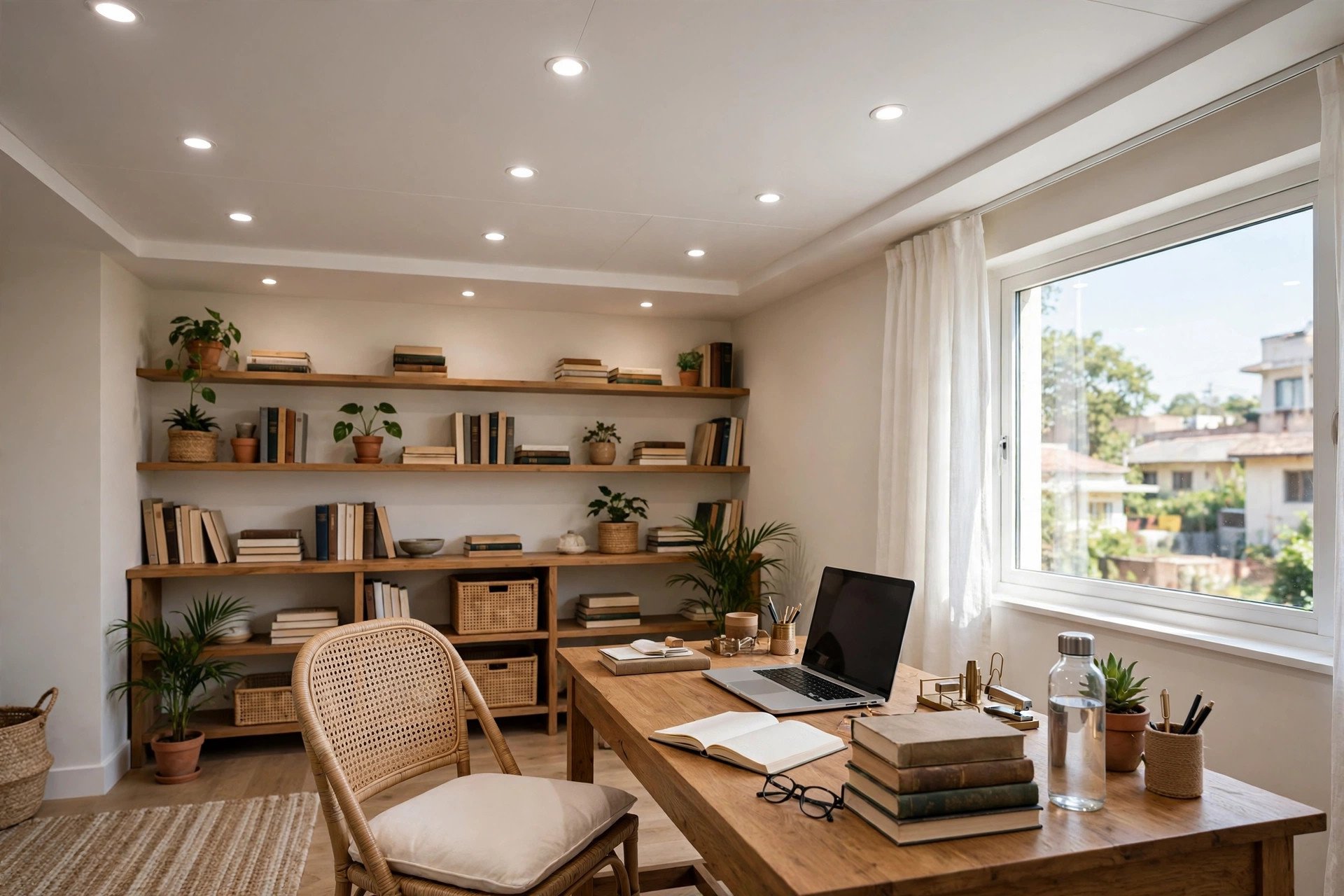 Concept render of a home office with neutral-white recessed downlights for focused work