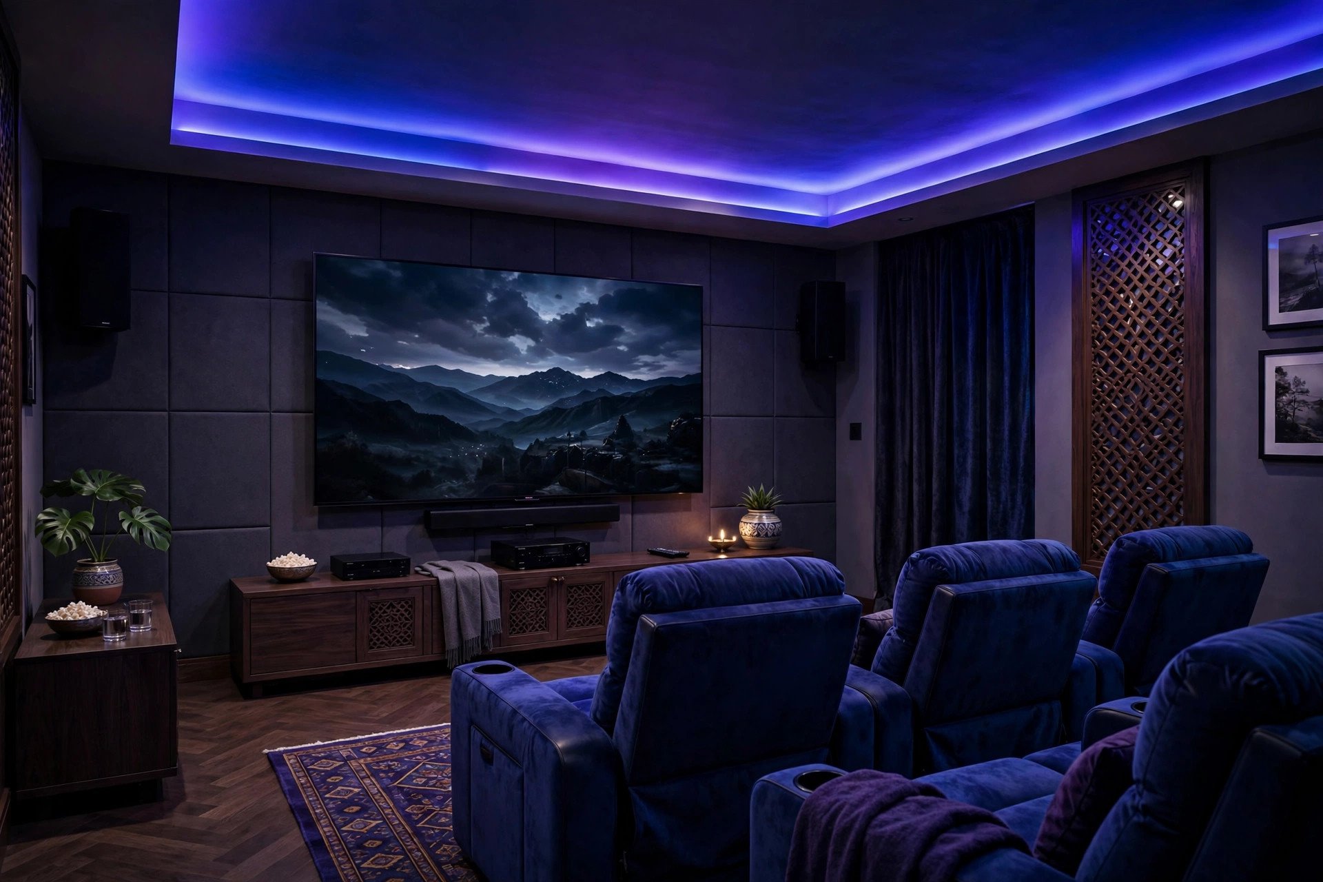 Concept render of a home theatre room with blue RGBW cove lighting glowing in the ceiling