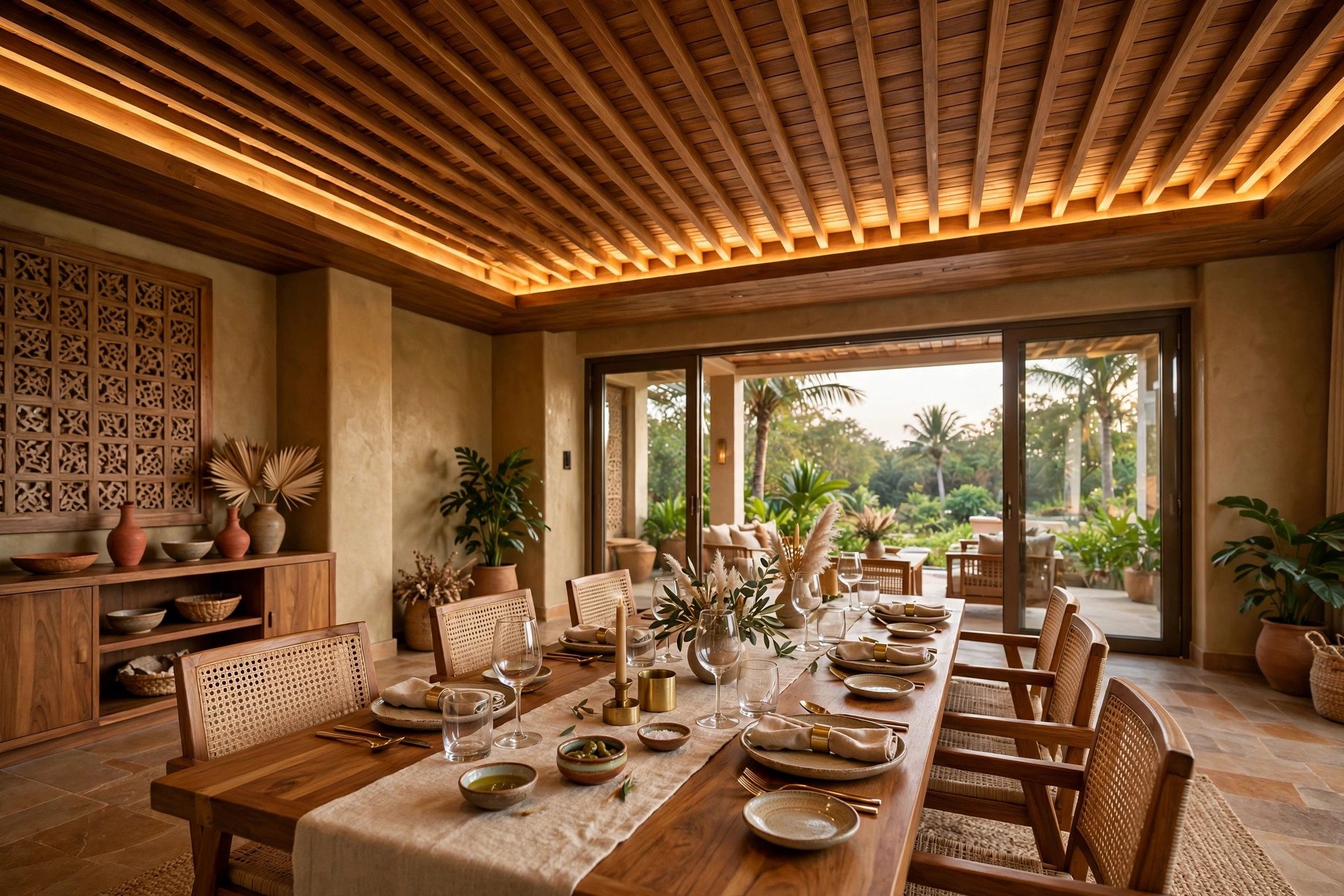 Concept render of a dining room with a wooden batten ceiling and hidden warm cove lighting between the planks