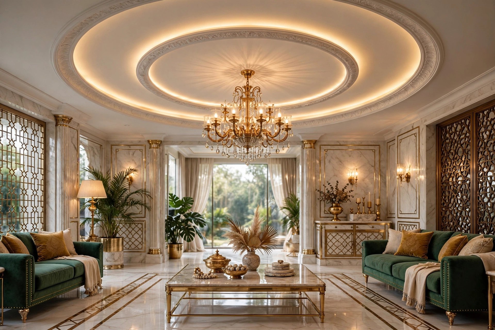 Concept render of a statement chandelier hanging from a circular cove-lit medallion in a living room