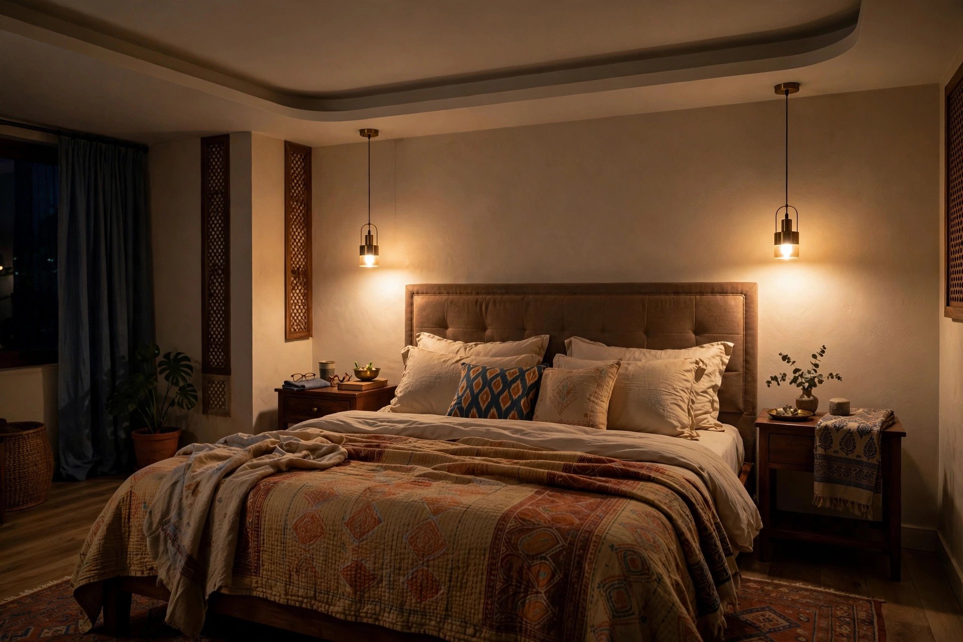Concept render of pendant reading lights hanging on both sides of a bedroom headboard