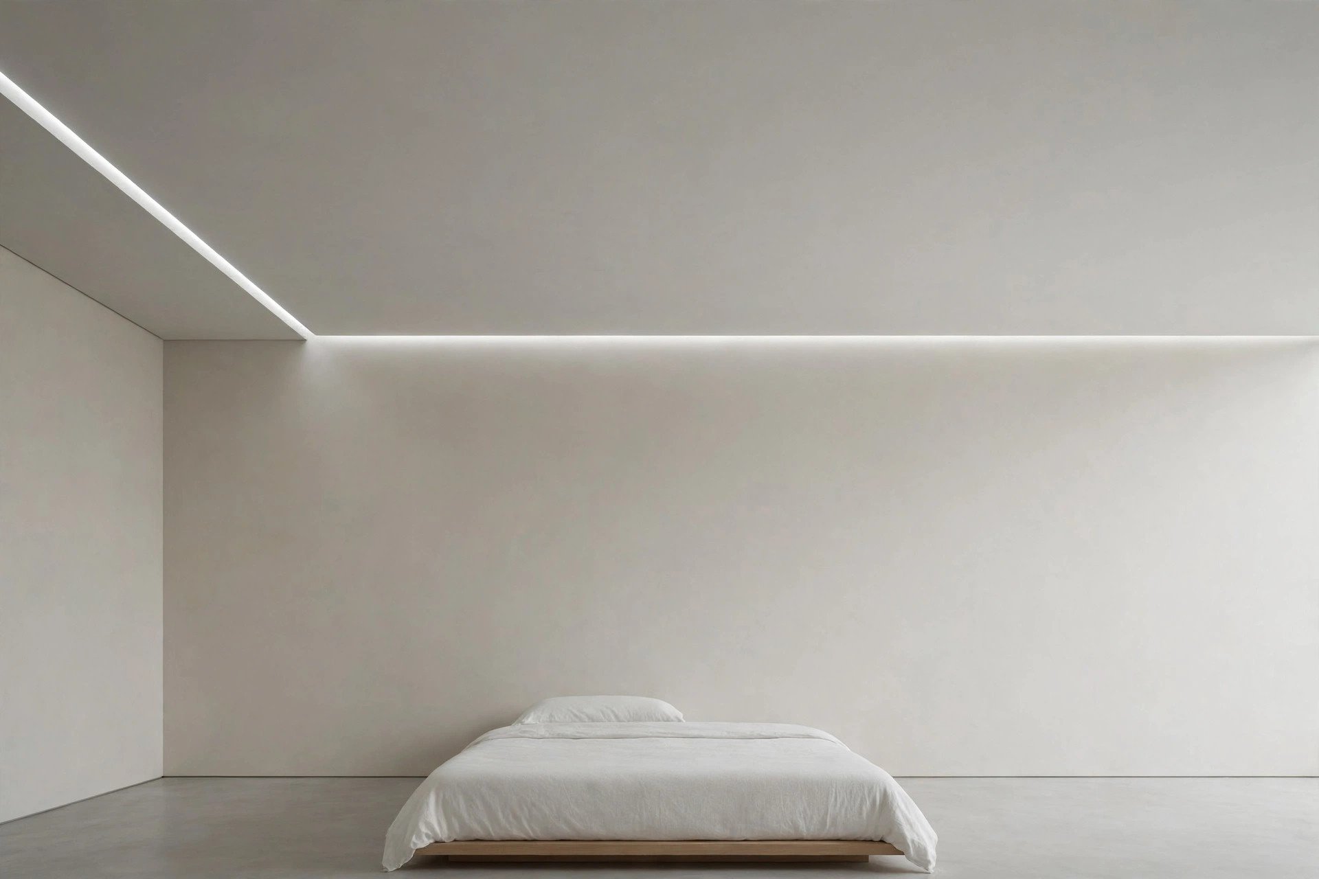 Concept render of a minimal bedroom with a single straight LED shadow-gap line along the ceiling edge