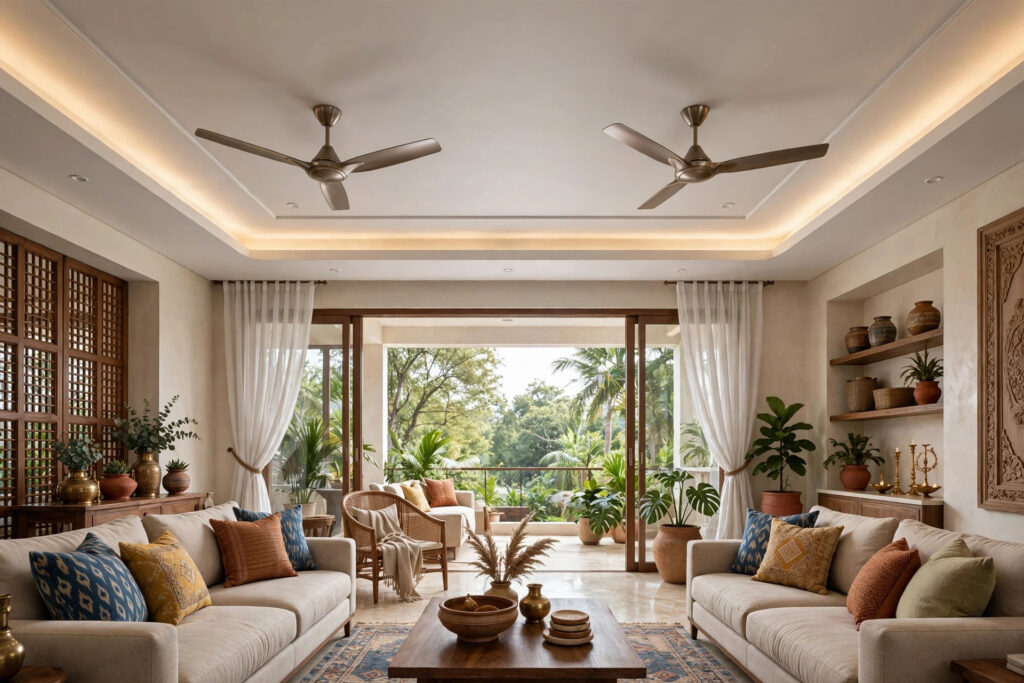 Large Indian living room with two ceiling fans mounted symmetrically in a gypsum false ceiling with cove lighting