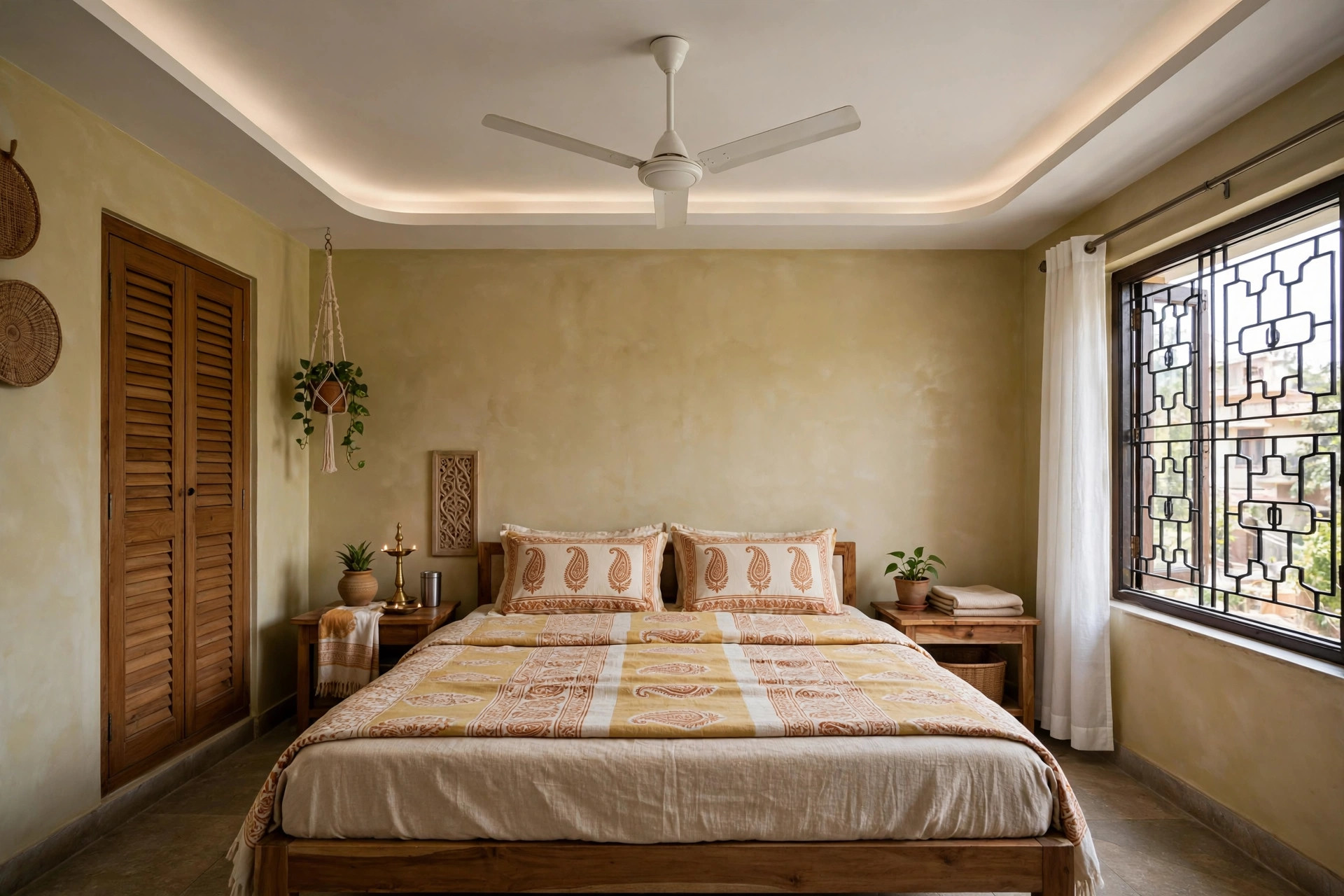 Indian bedroom with a single ceiling fan centred in a simple POP false ceiling