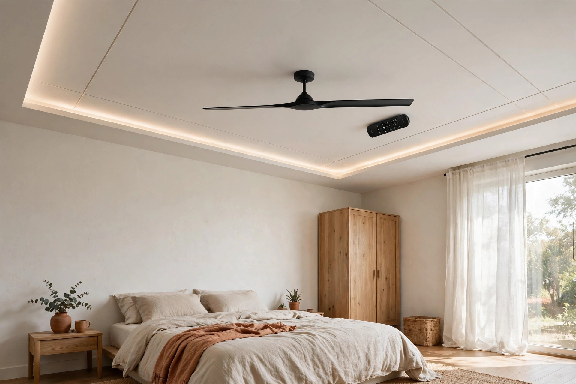 Modern slim BLDC ceiling fan with remote on a white gypsum false ceiling in a bedroom