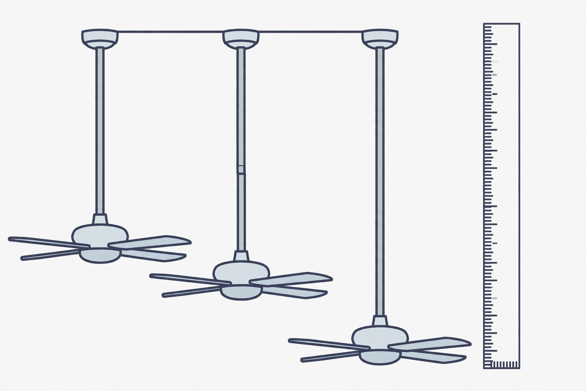 Illustration comparing three ceiling fan downrods of different lengths