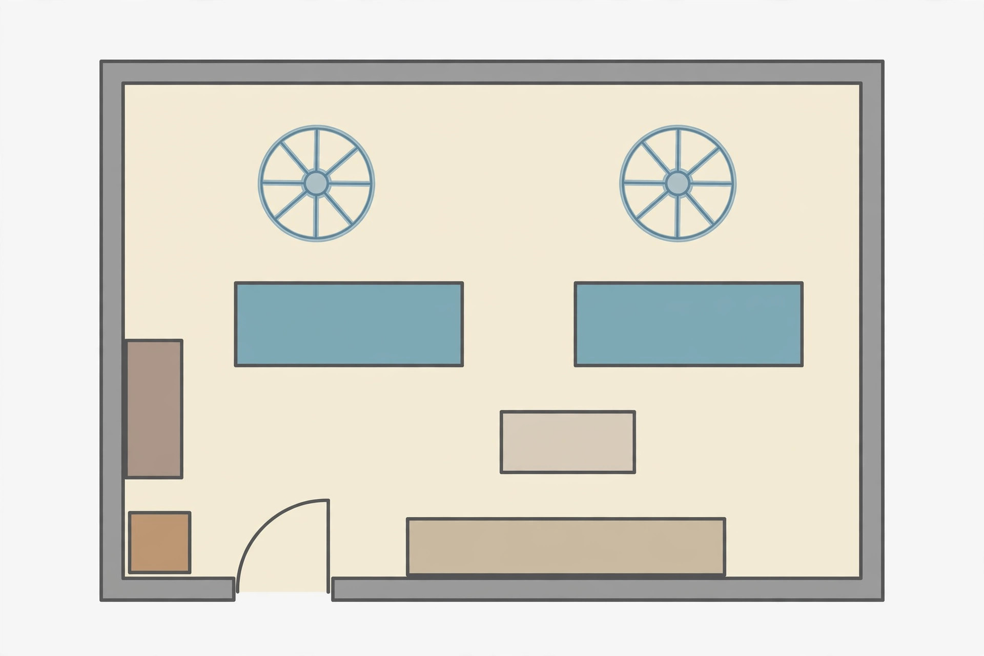 Illustration showing a top-down plan of a living room with two ceiling fan positions marked