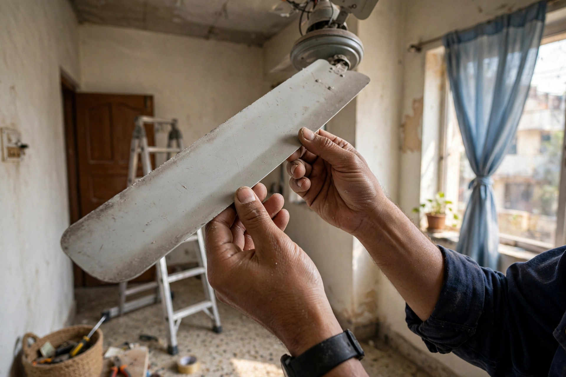 Technician's hands holding a wobbling ceiling fan blade steady during inspection