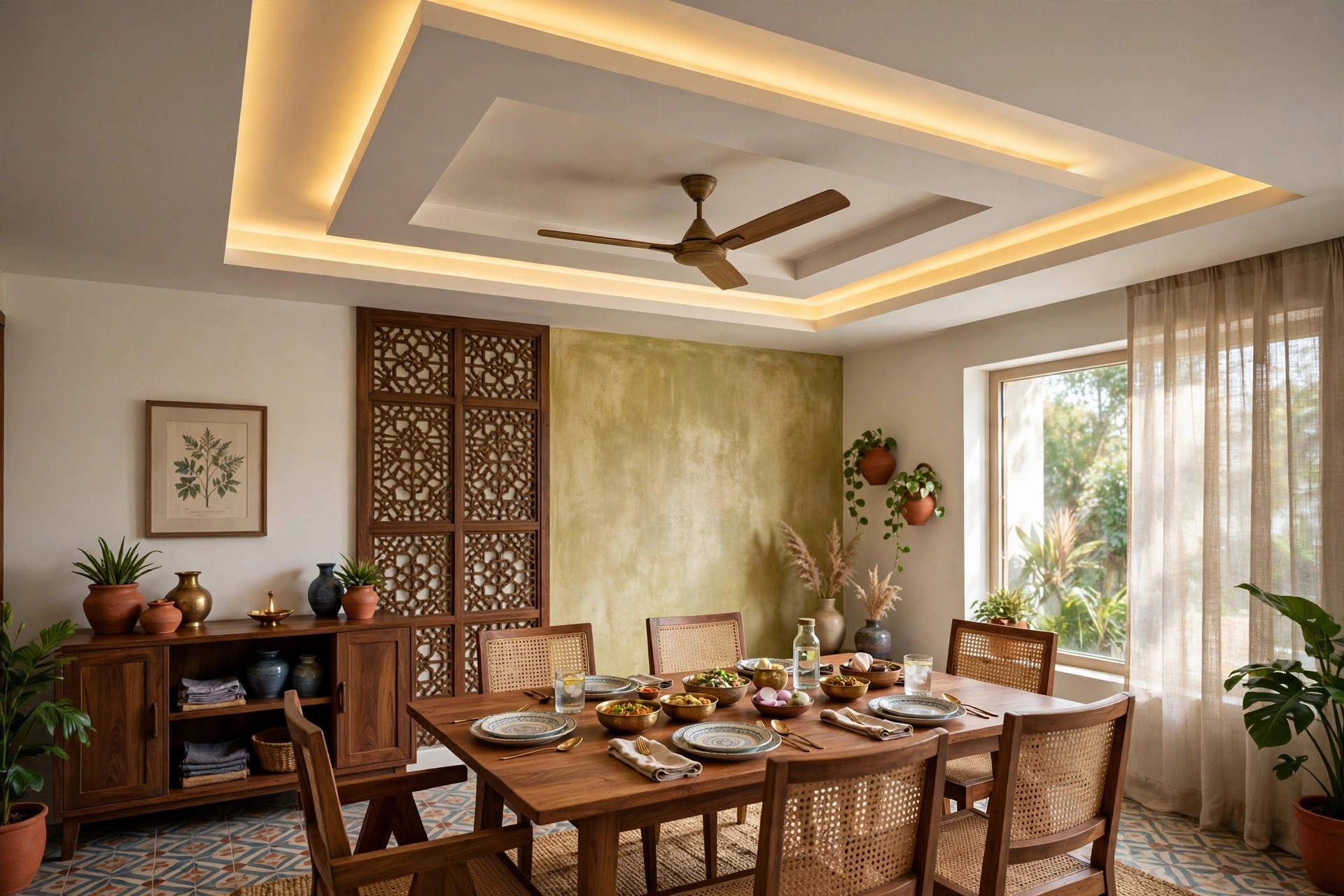 Indian dining room with a tray false ceiling and a ceiling fan mounted in the recessed tray area