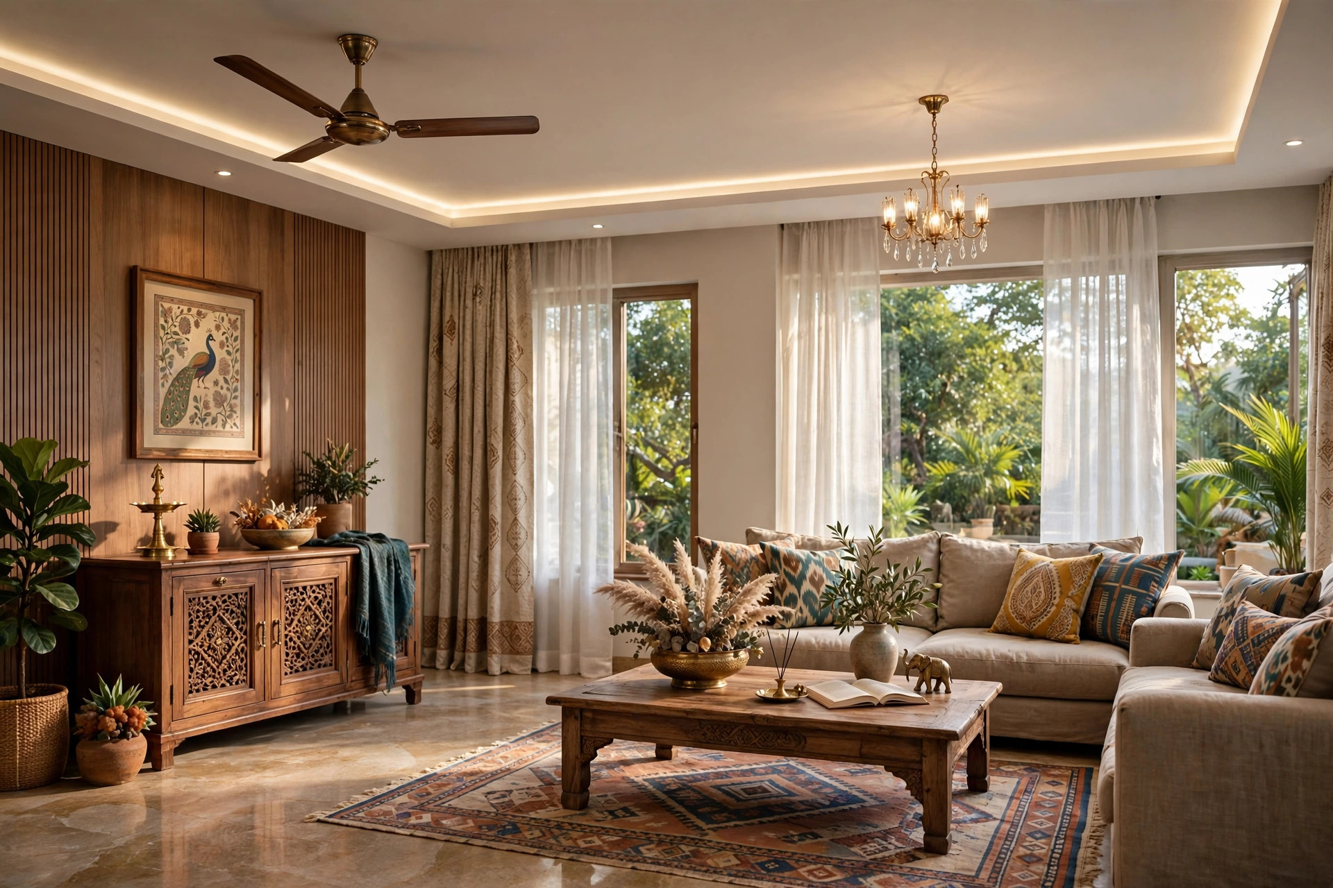 Elegant Indian living room with a ceiling fan on one side and a small chandelier on the other side of a false ceiling