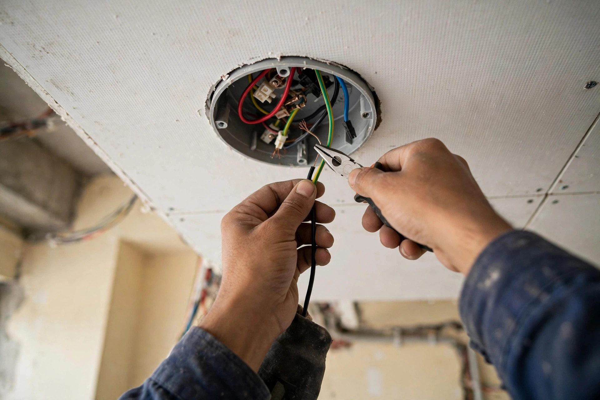 Close-up of a round ceiling junction box with electrical wires above a false ceiling