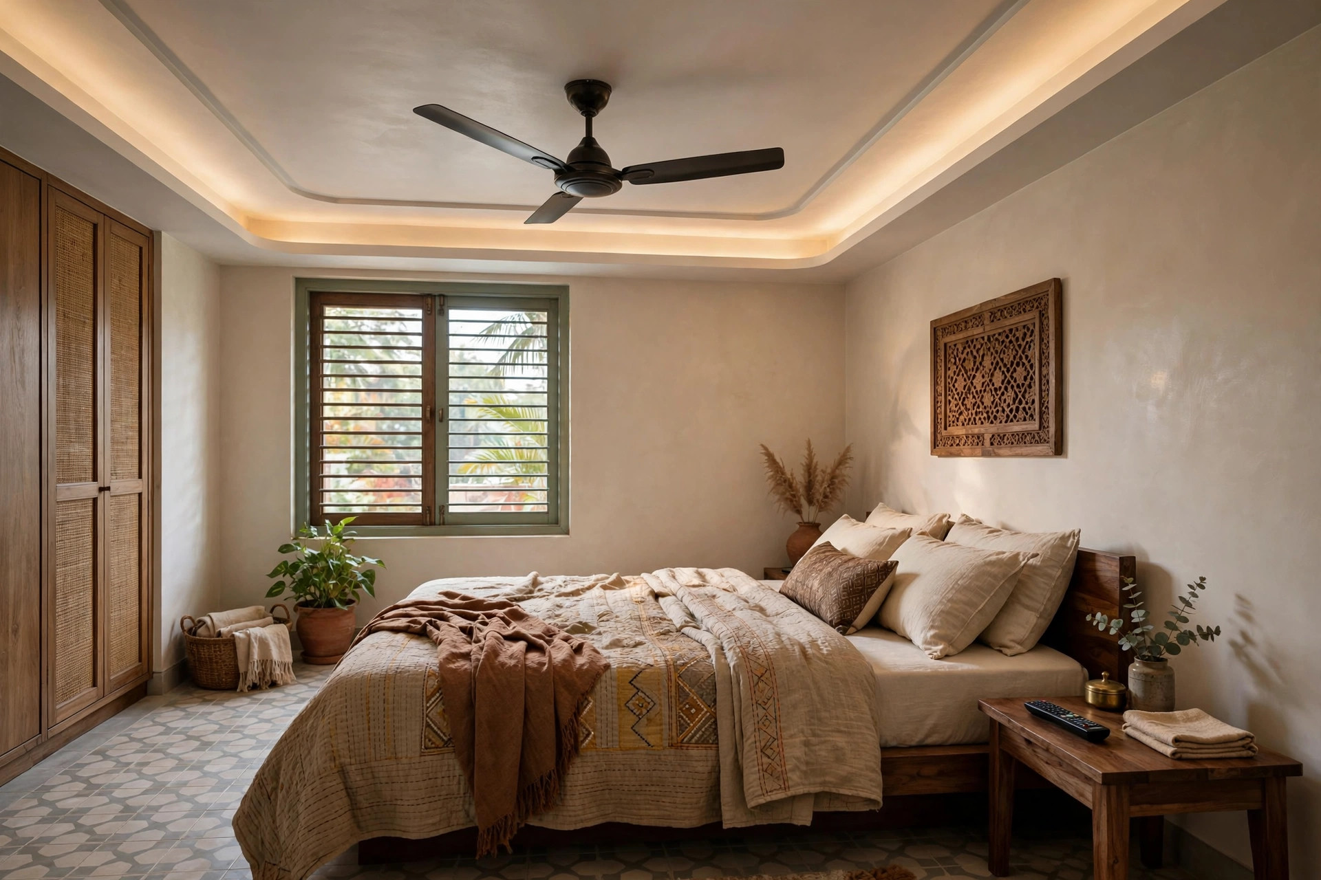 Low-height Indian bedroom with a hugger ceiling fan close to a POP ceiling and a remote on the bedside table