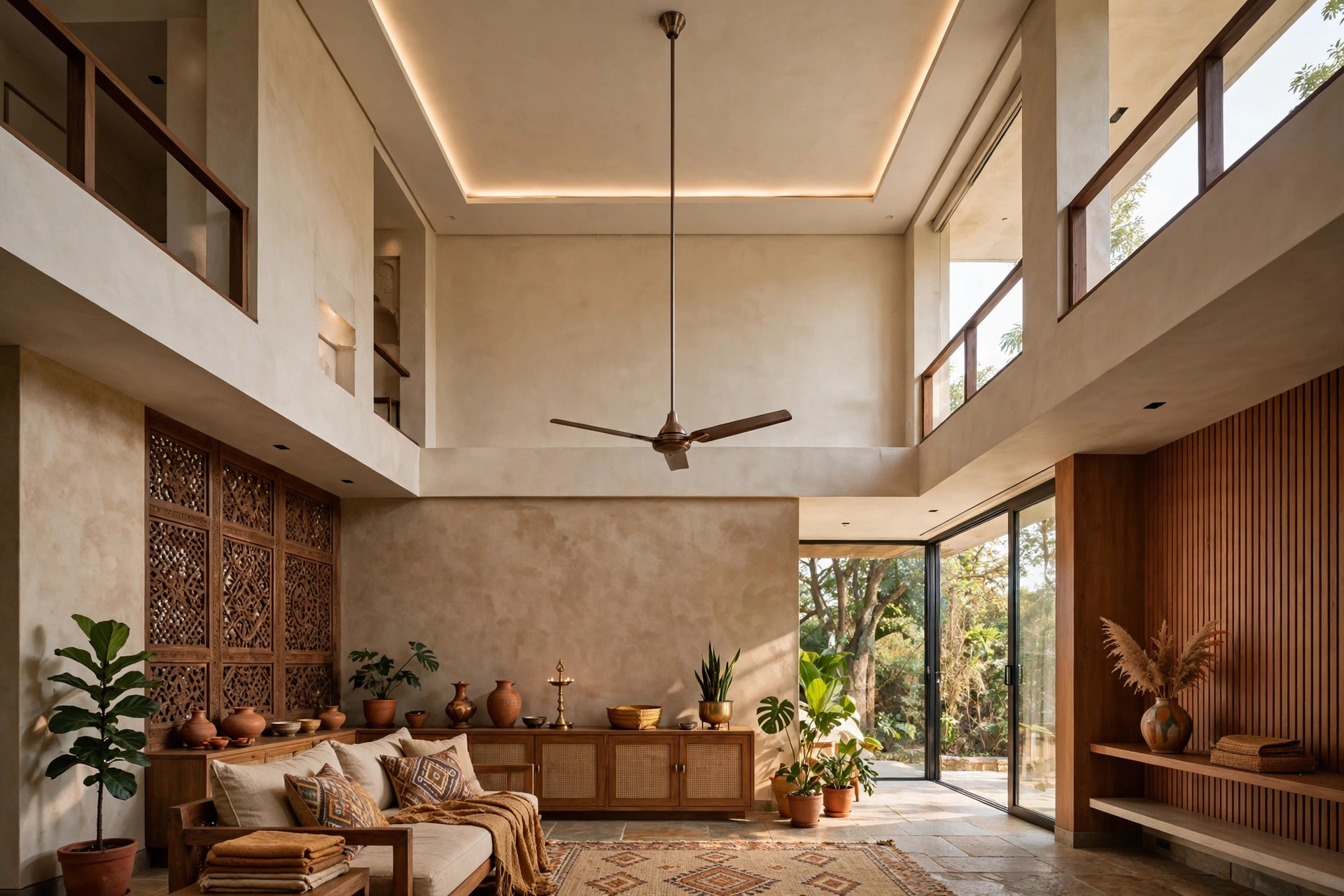 Double-height Indian living room with a long downrod ceiling fan descending from a high false ceiling
