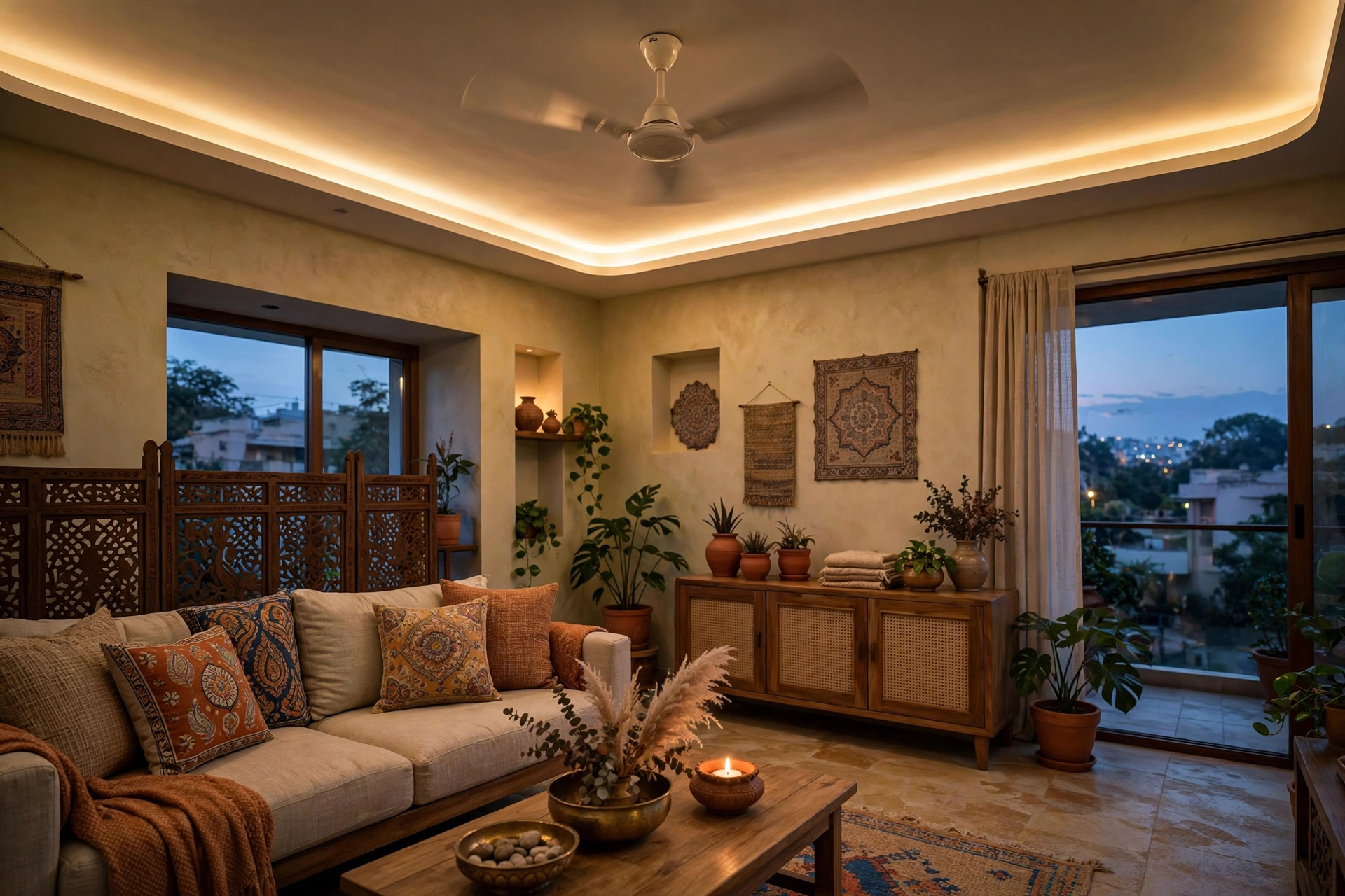 Indian living room at dusk with a ceiling fan under a cove-lit false ceiling
