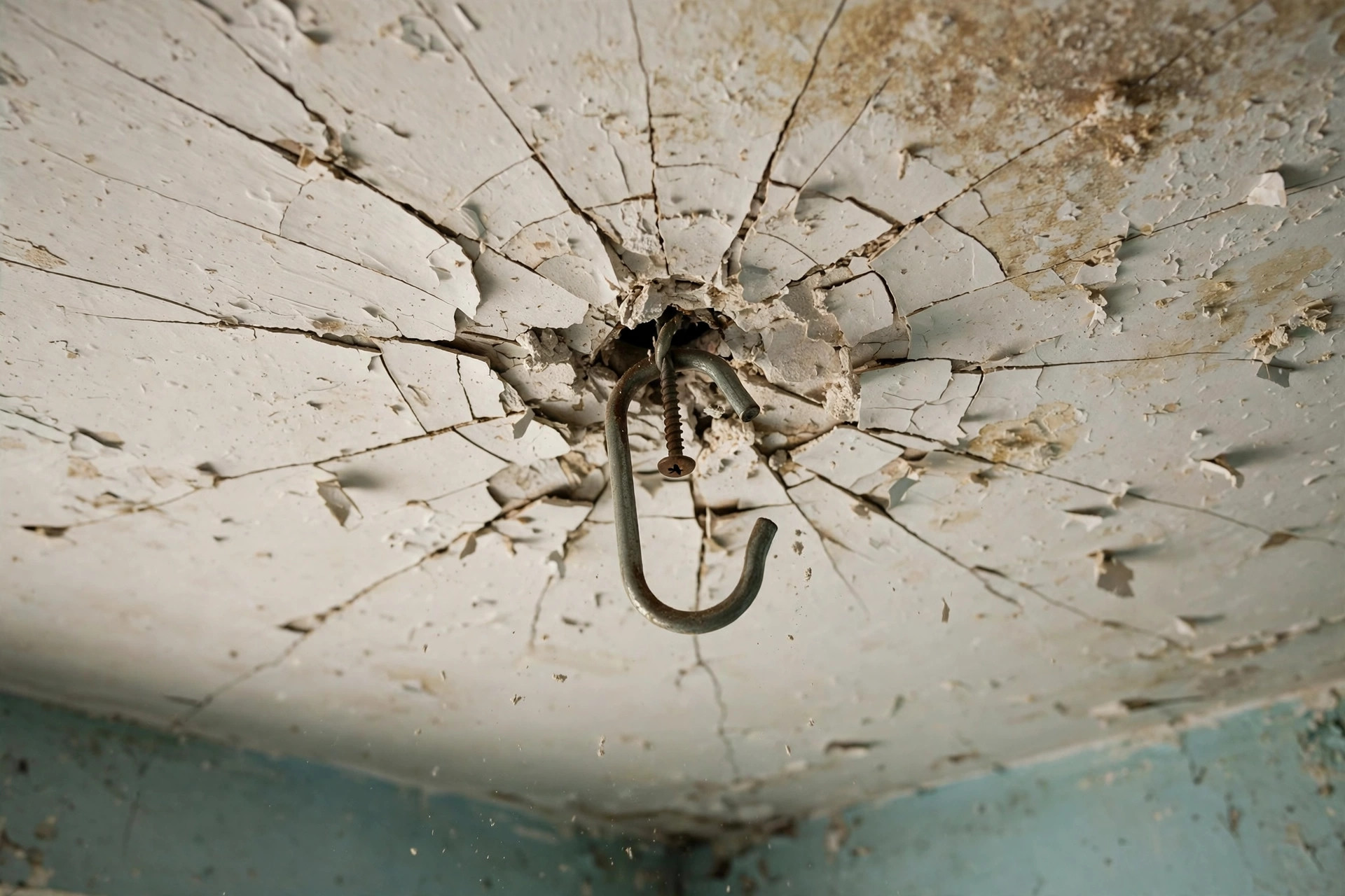 Close-up showing cracked gypsum ceiling around a poorly mounted fan hook
