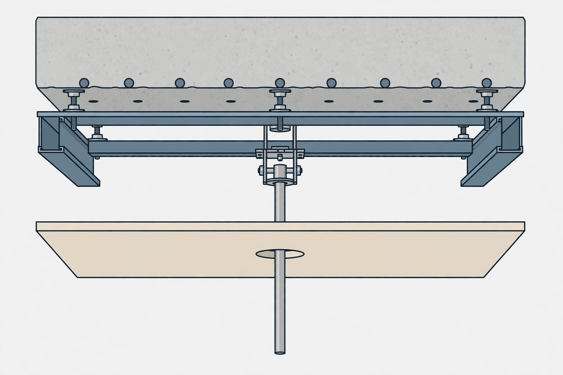 Illustration showing a cross-section of concrete slab, support frame, false ceiling board and fan rod