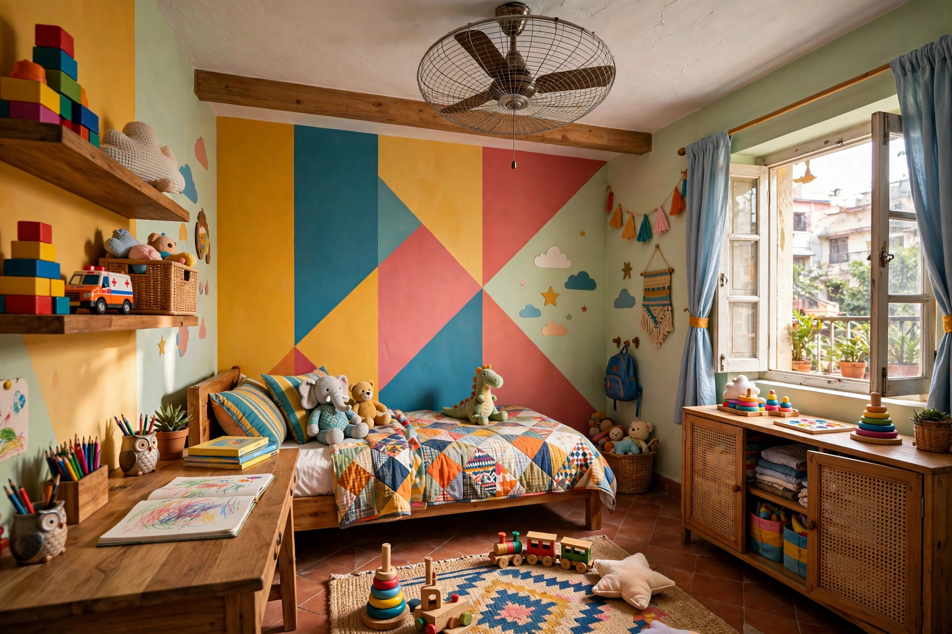 Indian kids room with a ceiling fan fitted with a protective wire safety guard cage
