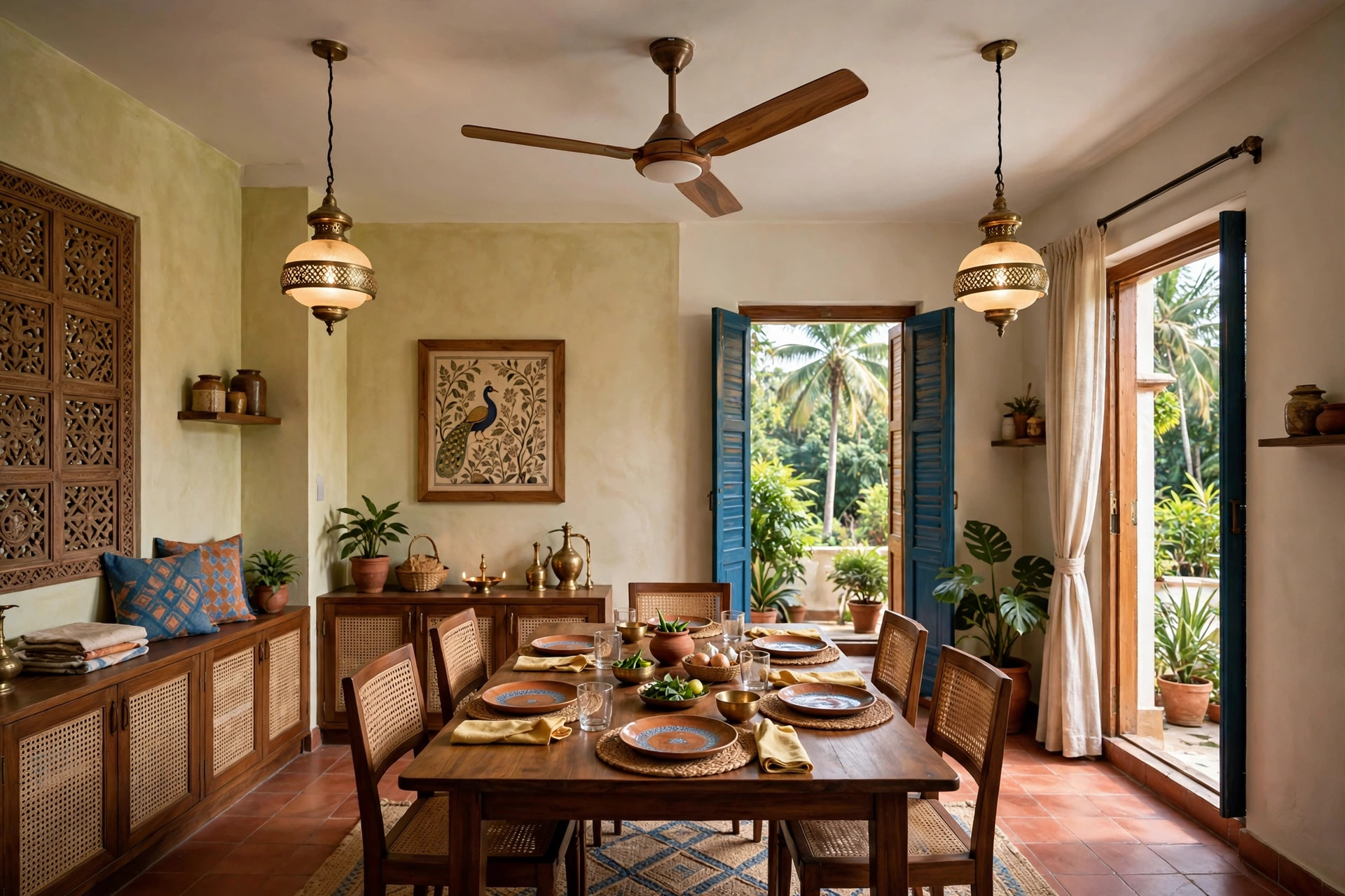 Indian dining room with a ceiling fan over the dining table flanked by two pendant lights
