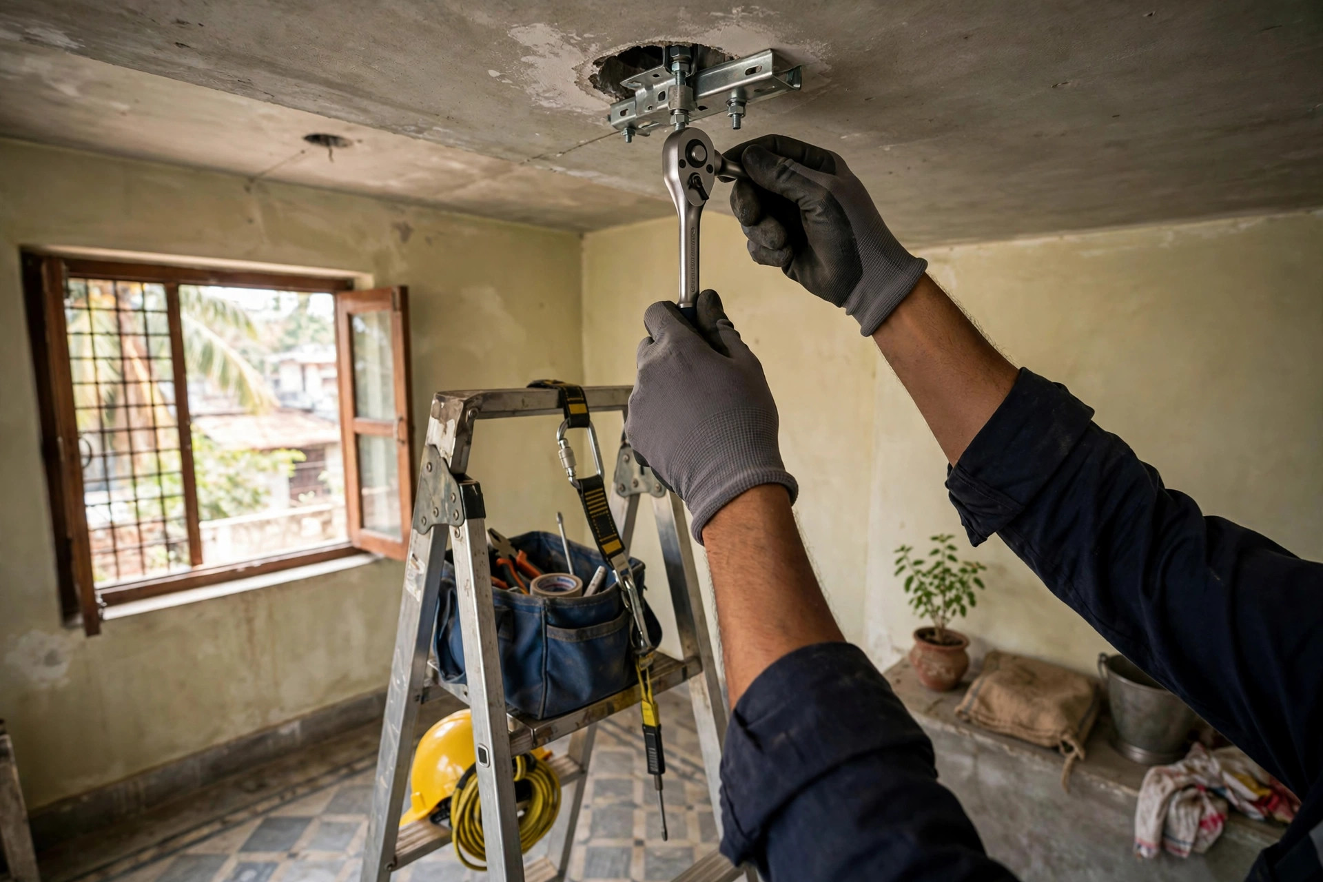 Technician's hands tightening a fan mounting bracket on a ladder