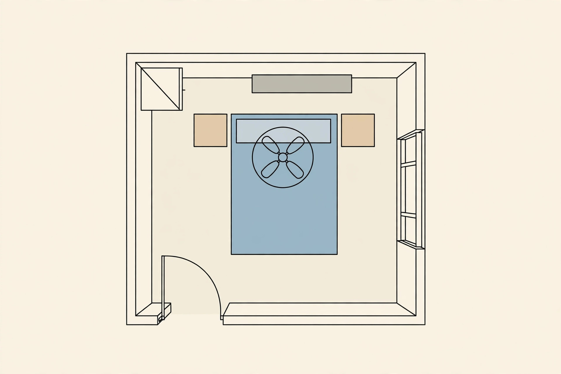 Illustration showing a top-down plan of a small bedroom with one fan centred over the bed