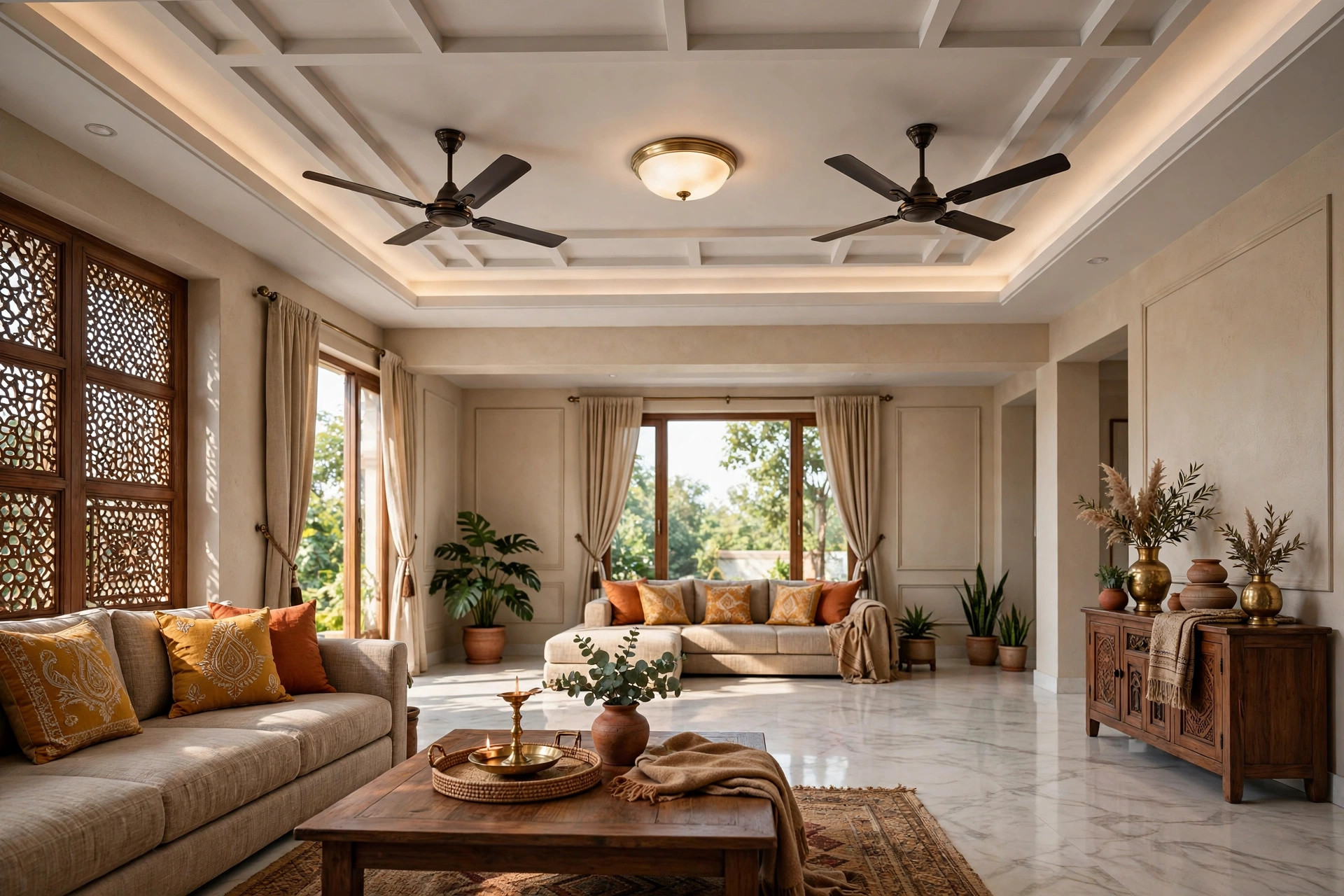 Large Indian hall with two ceiling fans and a central flush-mount ceiling light between them