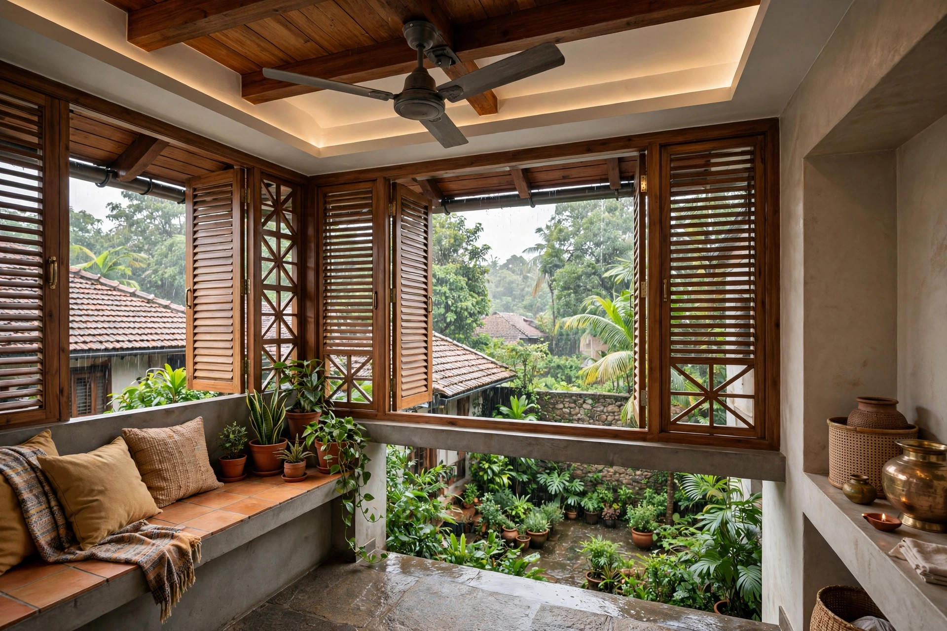 Covered Indian balcony with a weather-rated outdoor ceiling fan and plants below