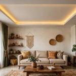 Indian living room with a rectangular tray false ceiling with warm cove lighting inside the recess